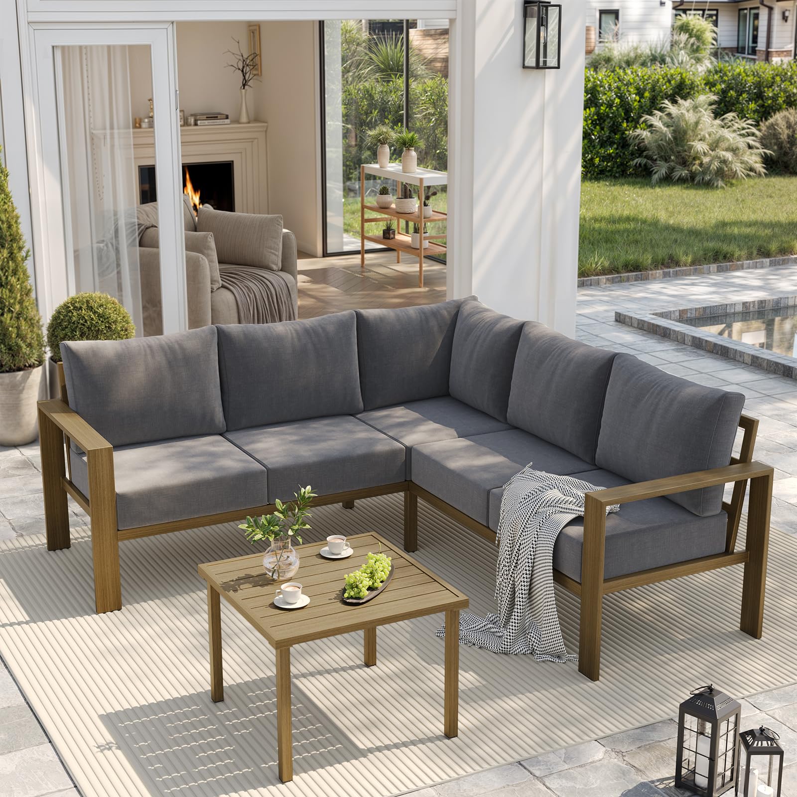 UDPATIO 6 Piece Patio Furniture Set, Metal Outdoor Sectional Sofa with 6" Thick Olefin Cushions, Wide Armrest & Coffee Table, L Shaped Outdoor Furniture for Garden, Backyard Beige