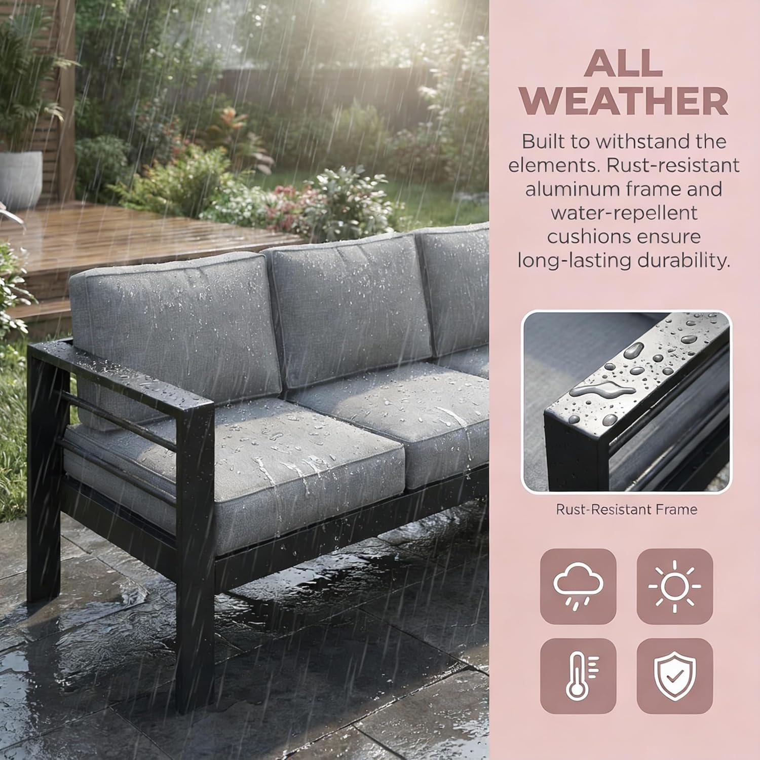 Kiss the Water Outdoor Couch Aluminum Patio Furniture Sofa, 3 Seat All-Weather Metal Patio Couch with 5" Thick and Soft Cushion and Wide Arm, Outdoor Sofa for Balcony, Porch