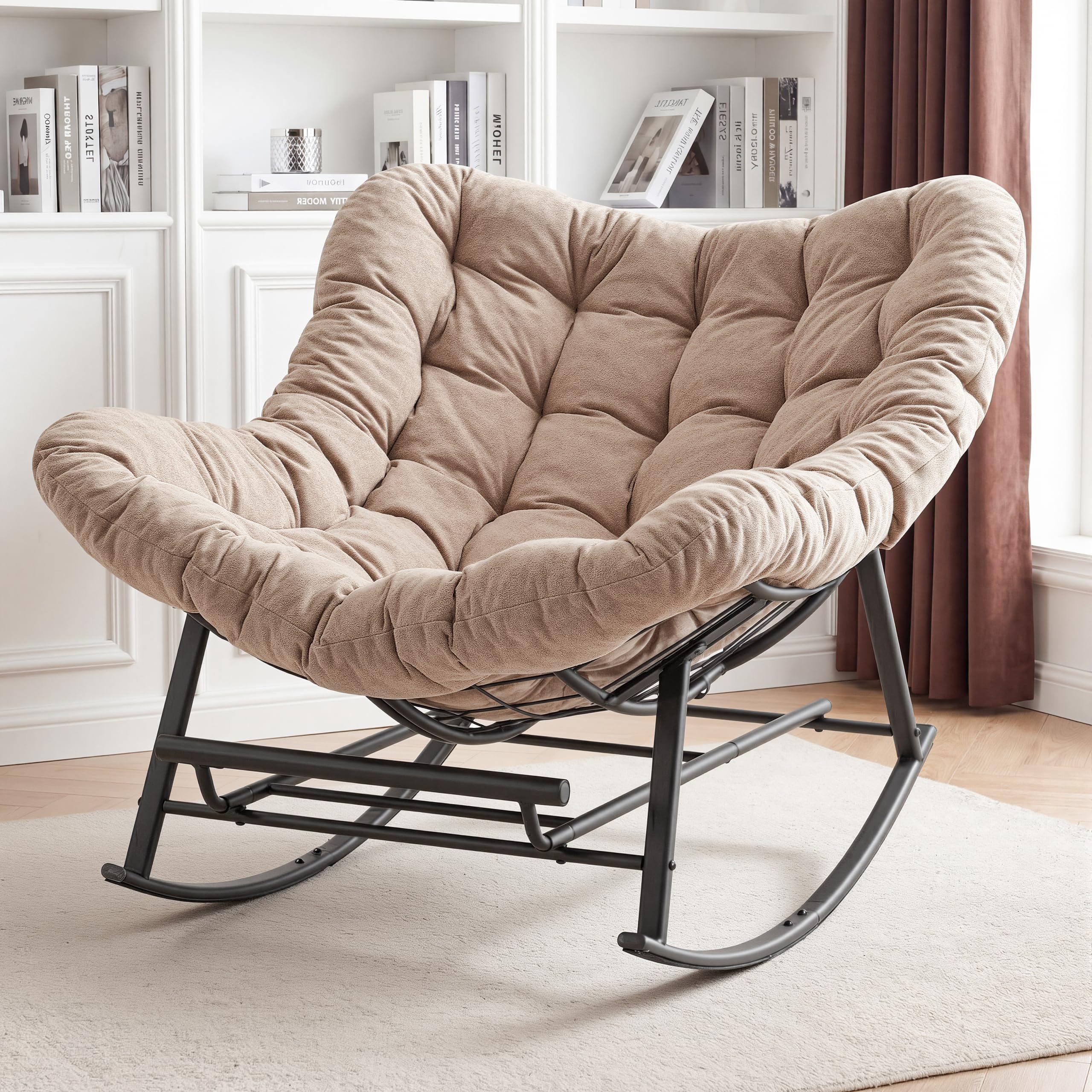 Oversized Rocking Chair Indoor, Papasan Rocking Chair Outdoor, Lounge Chair with Cushion, Patio Egg Rocker Chairs, Comfy Reading Chairs for Bedroom, Living Room, Garden, Lawn, Dark Grey