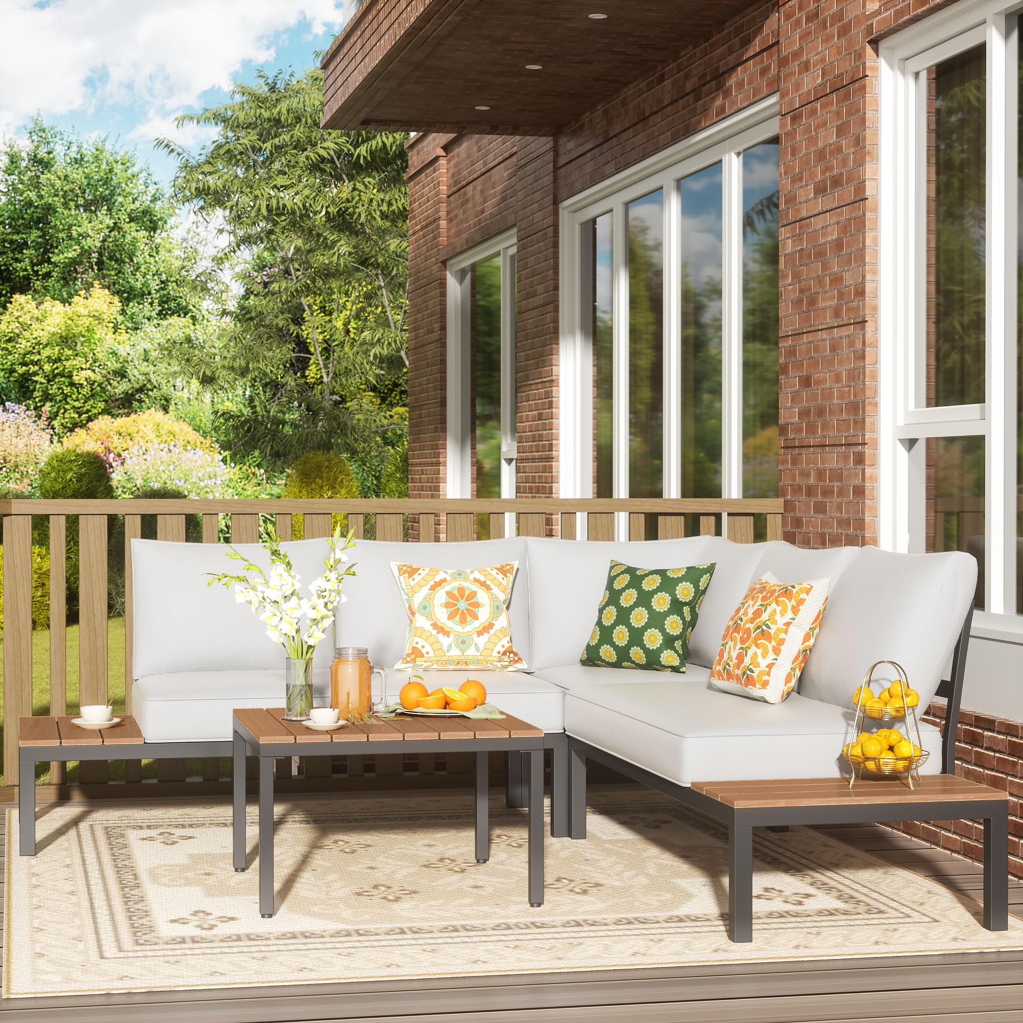 NATURAL EXPRESSIONS Patio Furniture Sets, Metal Outdoor Sectional L Shape Corner Sofa Outdoor Couch with Detachable Backrest,3 Fauxwood Tables,Black Frame,Shale Olefin Cushions for Yard,Garden