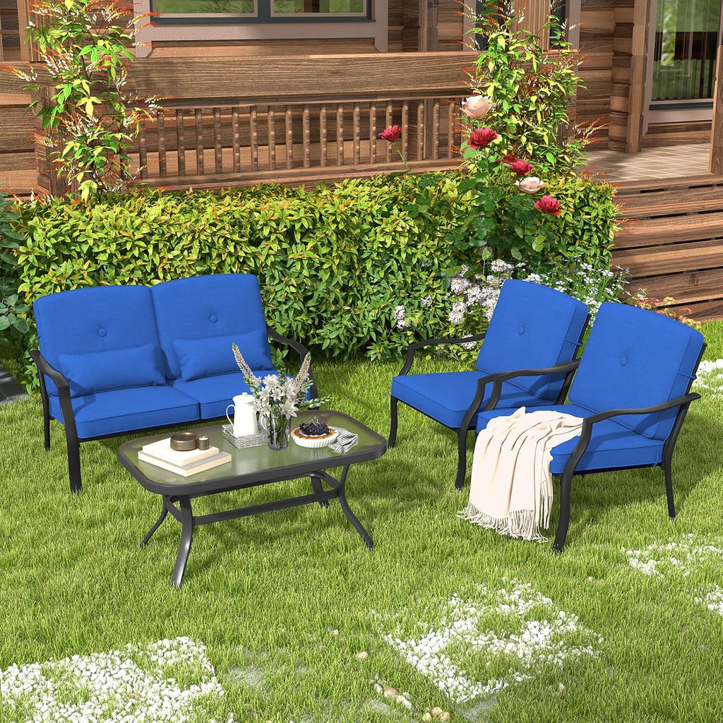 Tangkula 2 Piece Patio Furniture Set, Outdoor Loveseat Chair Set with Seat Back Cushions & Waist Pillows, Tempered Glass Coffee Table, Heavy-Duty Metal Sofa Set for Yard Garden Balcony Poolside