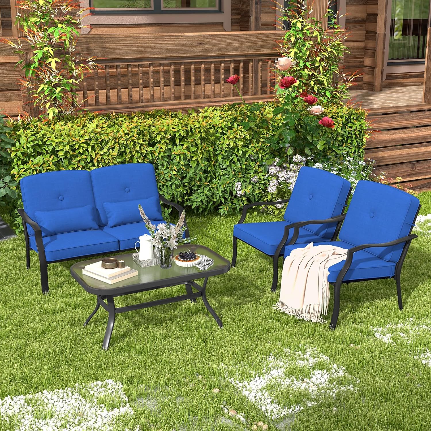 Tangkula 2 Piece Patio Furniture Set, Outdoor Loveseat Chair Set with Seat Back Cushions & Waist Pillows, Tempered Glass Coffee Table, Heavy-Duty Metal Sofa Set for Yard Garden Balcony Poolside