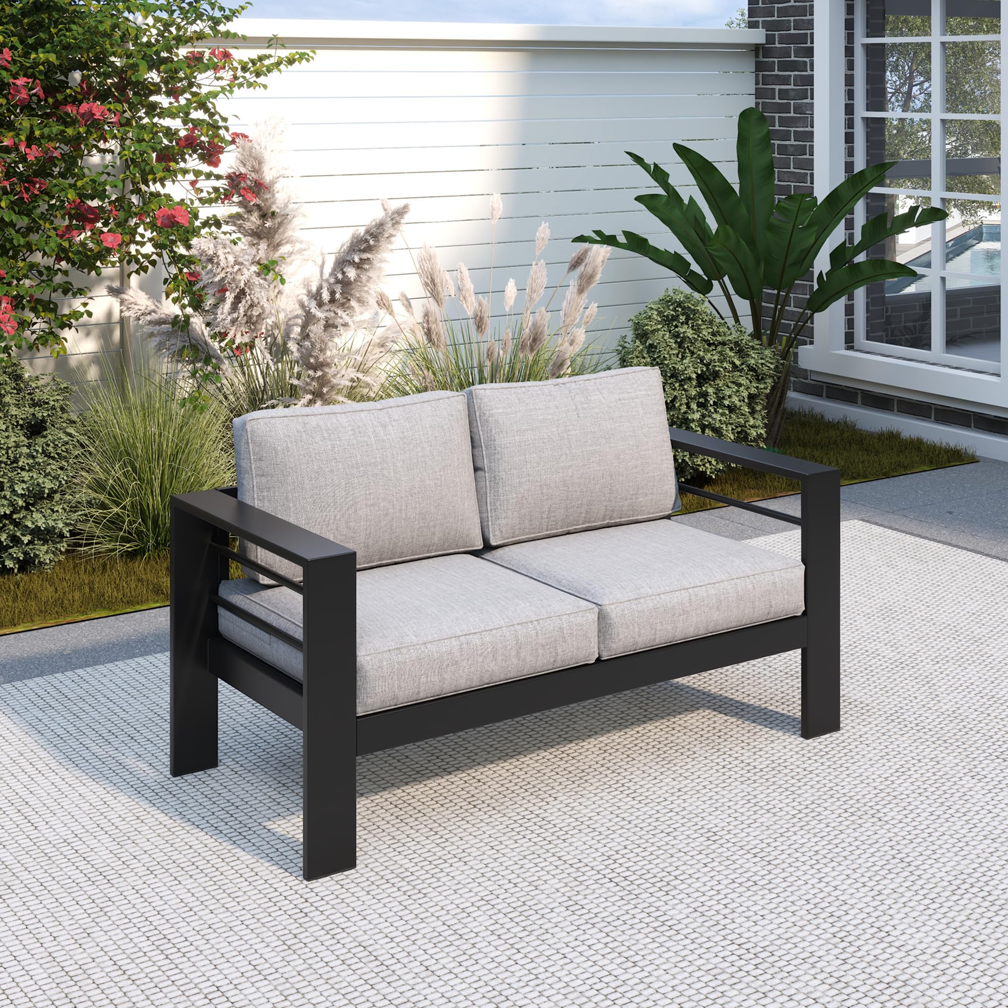 Solaste Outdoor Loveseat Aluminum Patio Furniture Sofa, All-Weather Metal Outdoor Couch with Cushions,Light Grey