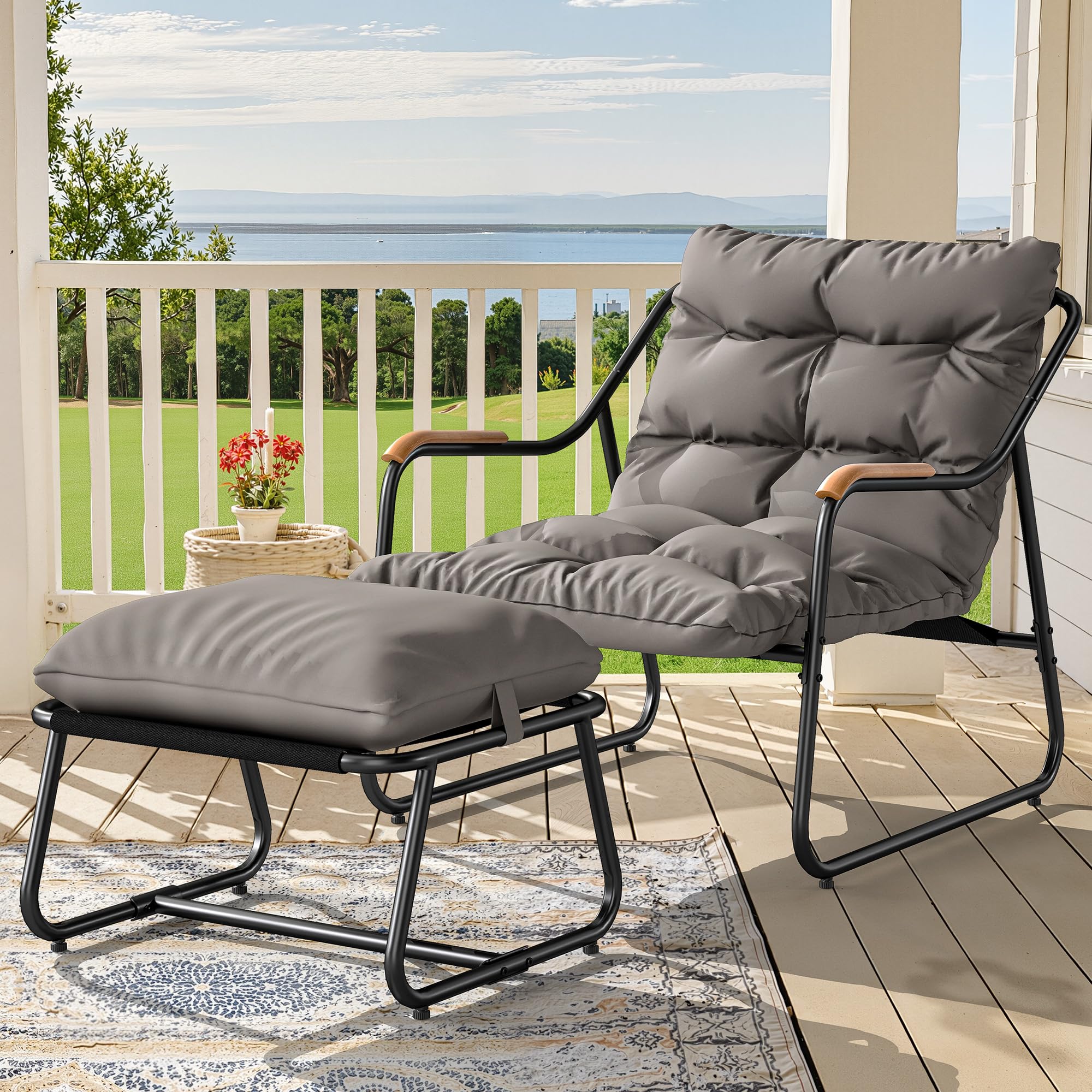 YITAHOME Patio Lounge Chair with Ottoman, Oversized Papasan Chair with Soft Cushion, Indoor/Outdoor Textilene Lounge with Teak Wood Handrail and Footstool for Living Room, Porch, Backyard or Garden