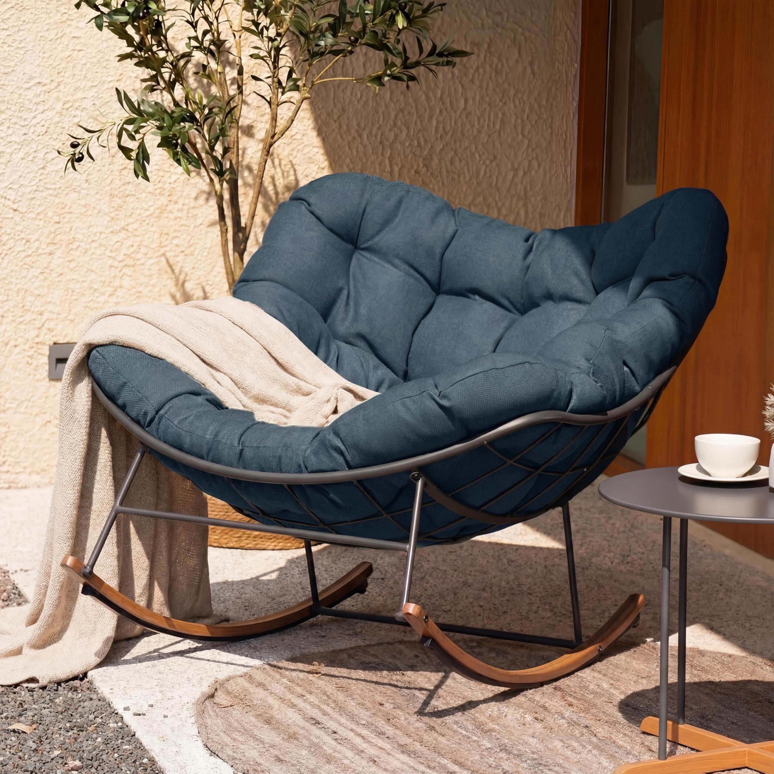 Grand patio Outdoor Rocking Chair, Oversized Papasan Rocking Chair with Thick Cushion, Indoor Outdoor Cozy Rocker for Balcony, Living Room, Patio, Gray