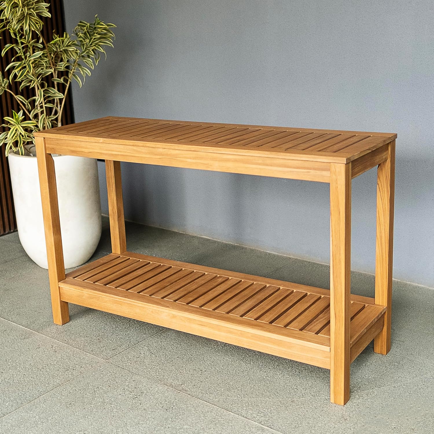 Cambridge Casual Logan Solid Teak Wood Outdoor Console Table – Narrow Garden Table with Bottom Shelf for Patio, Deck, or Poolside – Premium Weather-Resistant