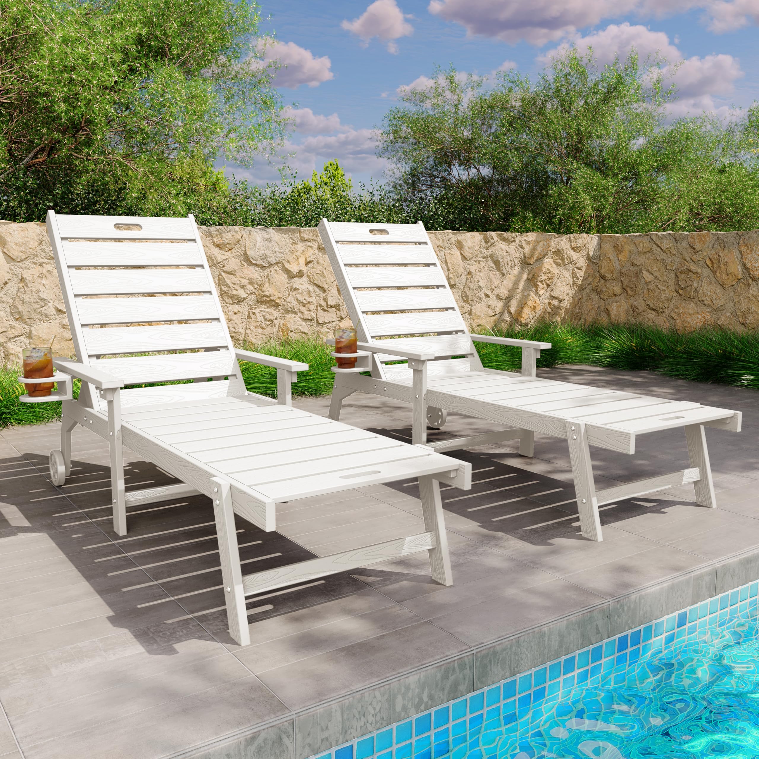 YEFU Lounge Chair Outdoor Set of 2: Outdoor Chaise Lounge with 5-Level Adjustable Backrest, Cup Holders & Wheels, All-Weather Resistance Chaise Lounge for Outside/Patio/Beach/Deck, Black