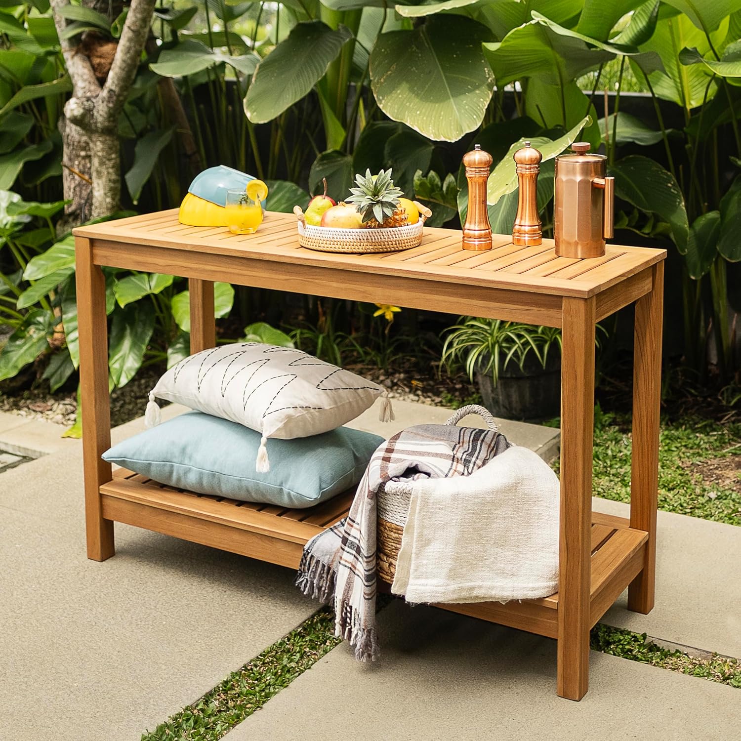 Cambridge Casual Logan Solid Teak Wood Outdoor Console Table – Narrow Garden Table with Bottom Shelf for Patio, Deck, or Poolside – Premium Weather-Resistant