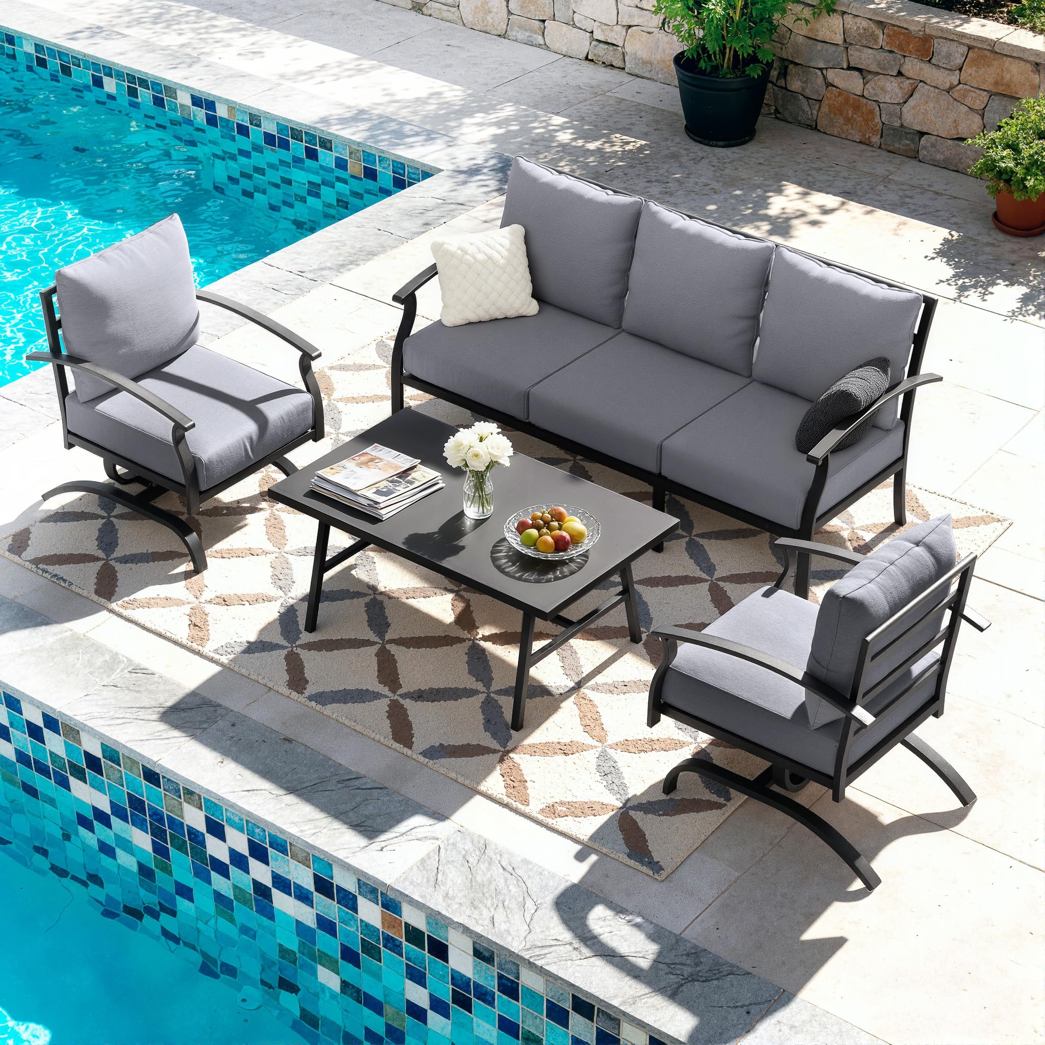 Kullavik Patio Furniture Set,4 Piece Metal Outdoor Patio Furniture Set,All Weather Modern Patio Conversation Sets w/3 Seater Sofa,2 Single Sofas and Coffee Table for Balcony Deck,Sand
