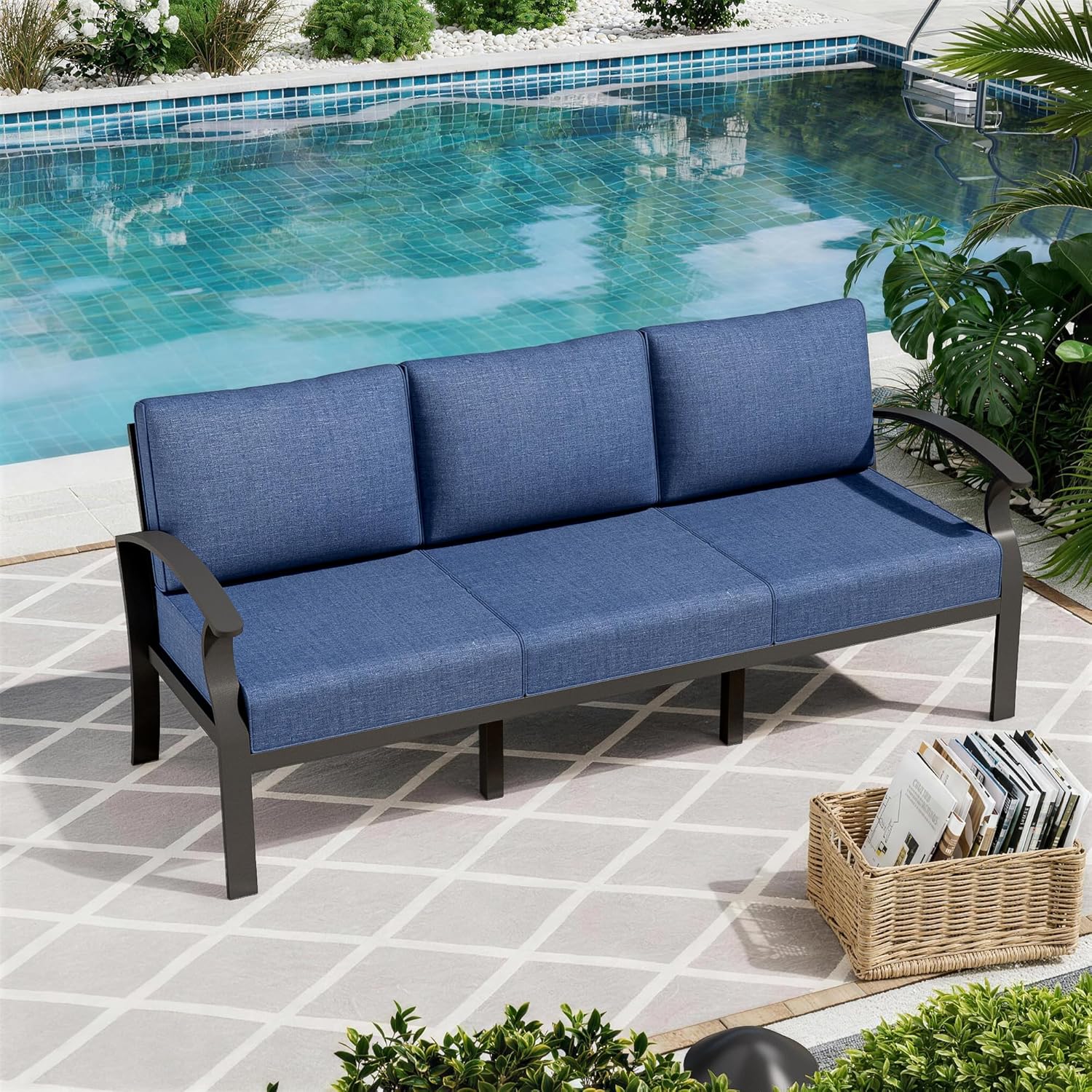 ALAULM Aluminum 3-Seat Patio Furniture Set, Metal Outdoor Furniture Sectional Sofas w/5.1" Cushions for Patio, Backyard, Poolside-DarkBlue