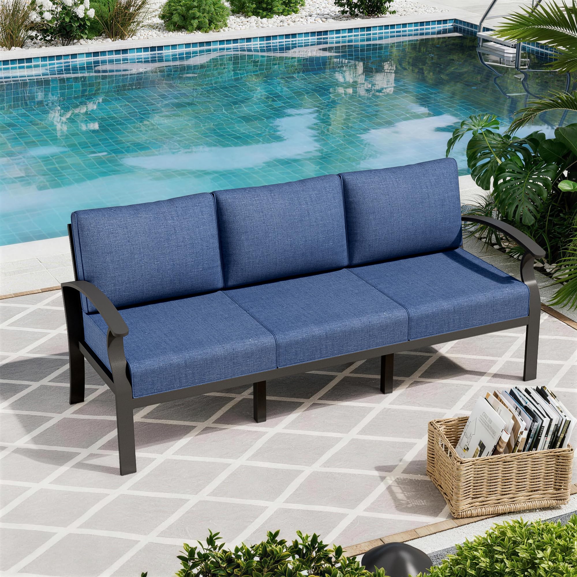 ALAULM Aluminum 3-Seat Patio Furniture Set, Metal Outdoor Furniture Sectional Sofas w/5.1" Cushions for Patio, Backyard, Poolside-DarkBlue