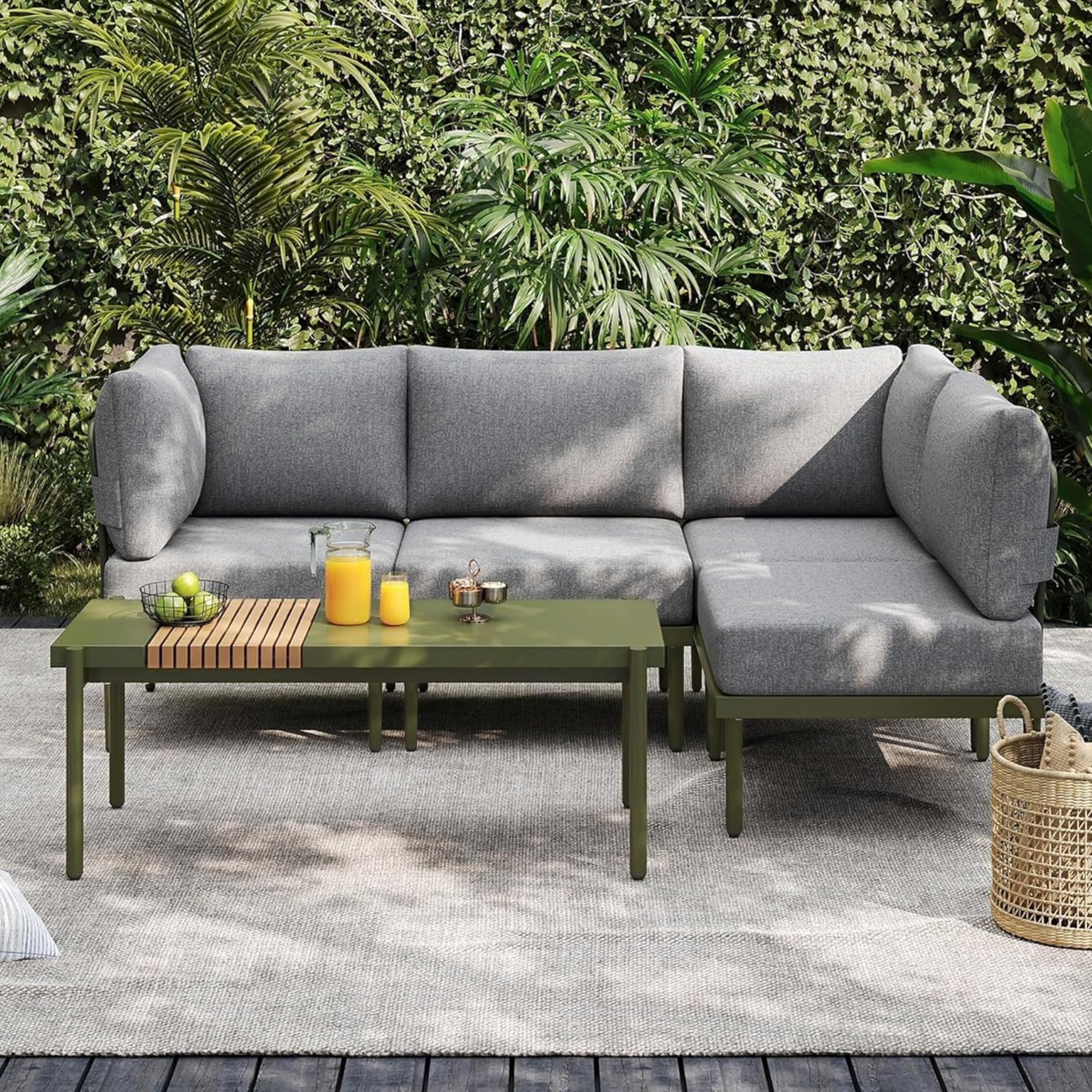 Sundale Outdoor 2 Pieces Metal Patio Furniture Set, Outdoor Sectional Sofa w/6 Inch Olefin Cushion, Modern Outdoor Conversation Sets for Porch, Balcony