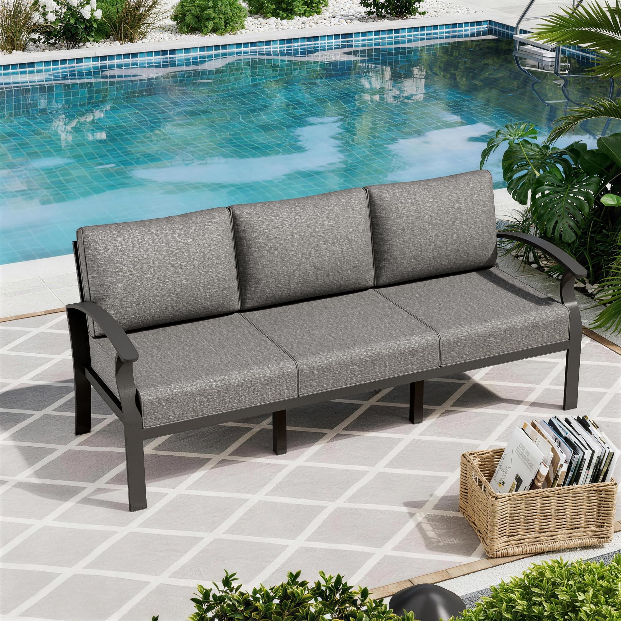 ALAULM Aluminum 3-Seat Patio Furniture Set, Metal Outdoor Furniture Sectional Sofas w/5.1" Cushions for Patio, Backyard, Poolside-DarkBlue