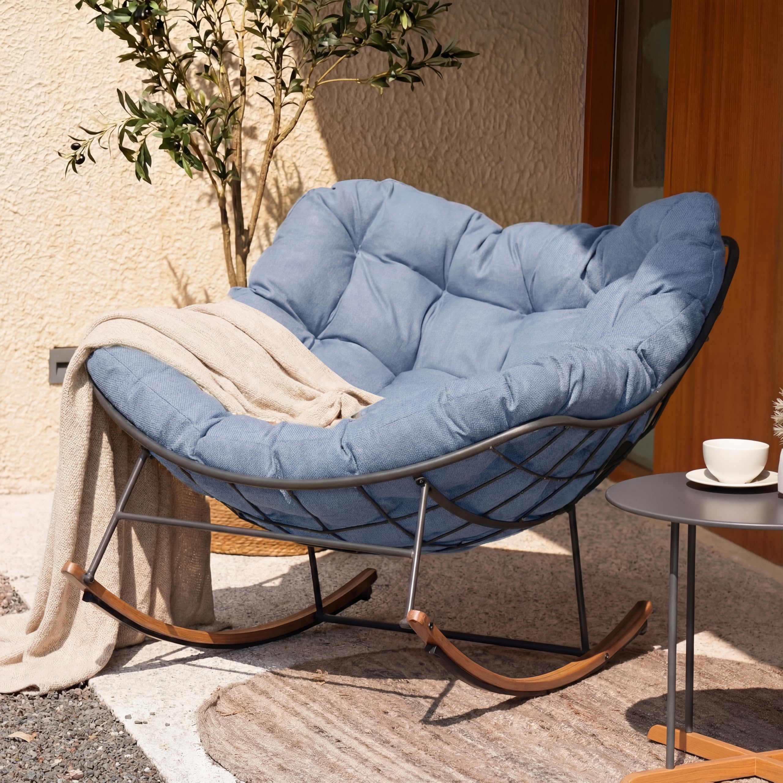 Grand patio Outdoor Rocking Chair, Oversized Papasan Rocking Chair with Thick Cushion, Indoor Outdoor Cozy Rocker for Balcony, Living Room, Patio, Gray