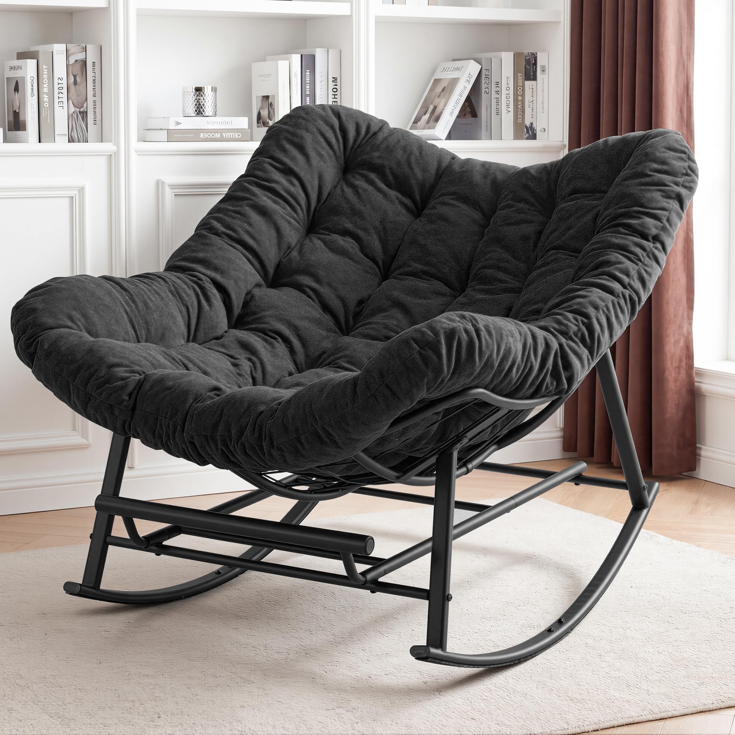Oversized Rocking Chair Indoor, Papasan Rocking Chair Outdoor, Lounge Chair with Cushion, Patio Egg Rocker Chairs, Comfy Reading Chairs for Bedroom, Living Room, Garden, Lawn, Dark Grey