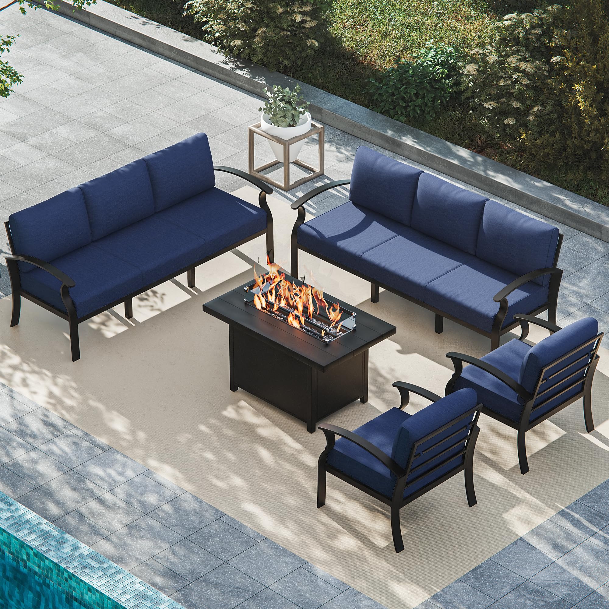 ALAULM Aluminum 3-Seat Patio Furniture Set, Metal Outdoor Furniture Sectional Sofas w/5.1" Cushions for Patio, Backyard, Poolside-DarkBlue