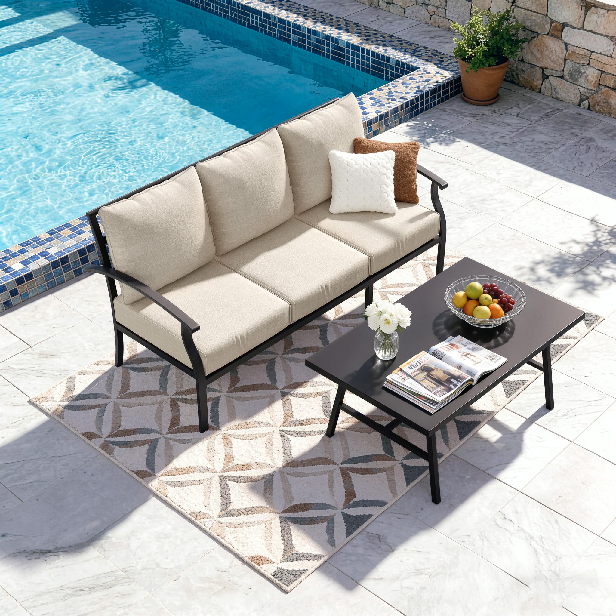 Kullavik Patio Furniture Set,4 Piece Metal Outdoor Patio Furniture Set,All Weather Modern Patio Conversation Sets w/3 Seater Sofa,2 Single Sofas and Coffee Table for Balcony Deck,Sand