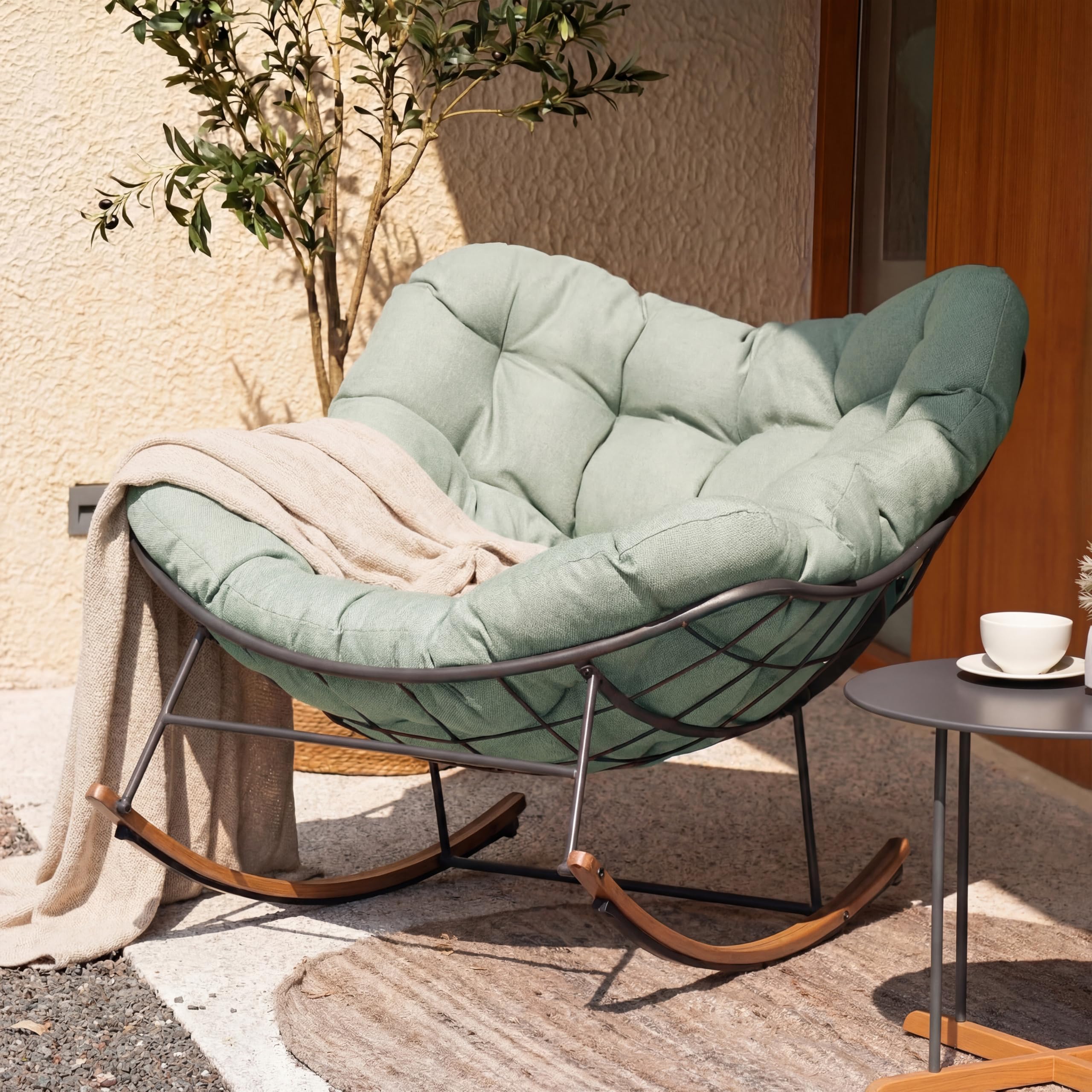 Grand patio Outdoor Rocking Chair, Oversized Papasan Rocking Chair with Thick Cushion, Indoor Outdoor Cozy Rocker for Balcony, Living Room, Patio, Gray