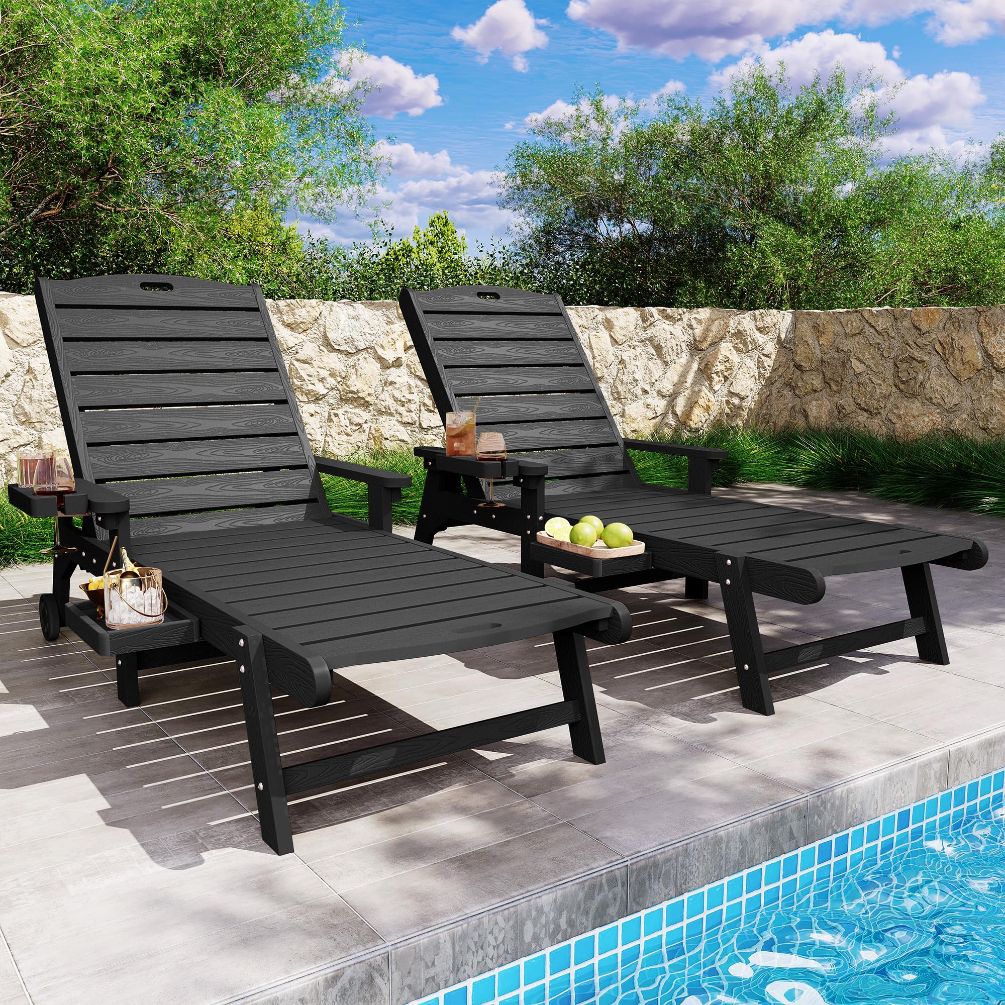 YEFU Lounge Chair Outdoor Set of 2: Outdoor Chaise Lounge with 5-Level Adjustable Backrest, Cup Holders & Wheels, All-Weather Resistance Chaise Lounge for Outside/Patio/Beach/Deck, Black