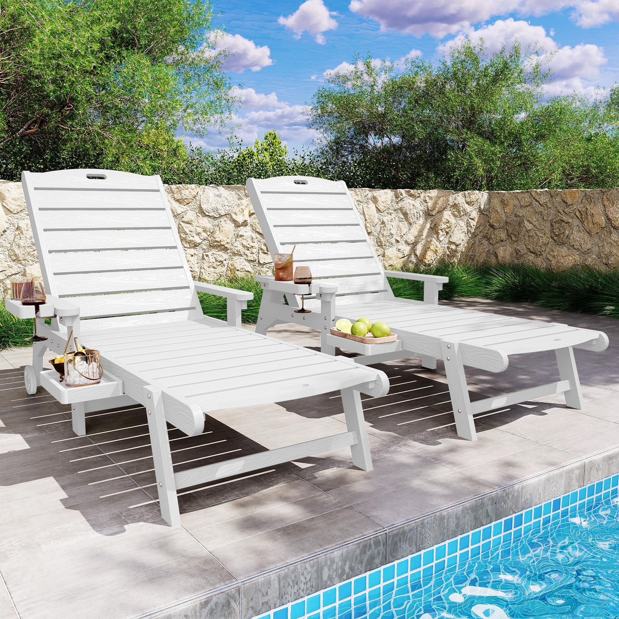 YEFU Lounge Chair Outdoor Set of 2: Outdoor Chaise Lounge with 5-Level Adjustable Backrest, Cup Holders & Wheels, All-Weather Resistance Chaise Lounge for Outside/Patio/Beach/Deck, Black