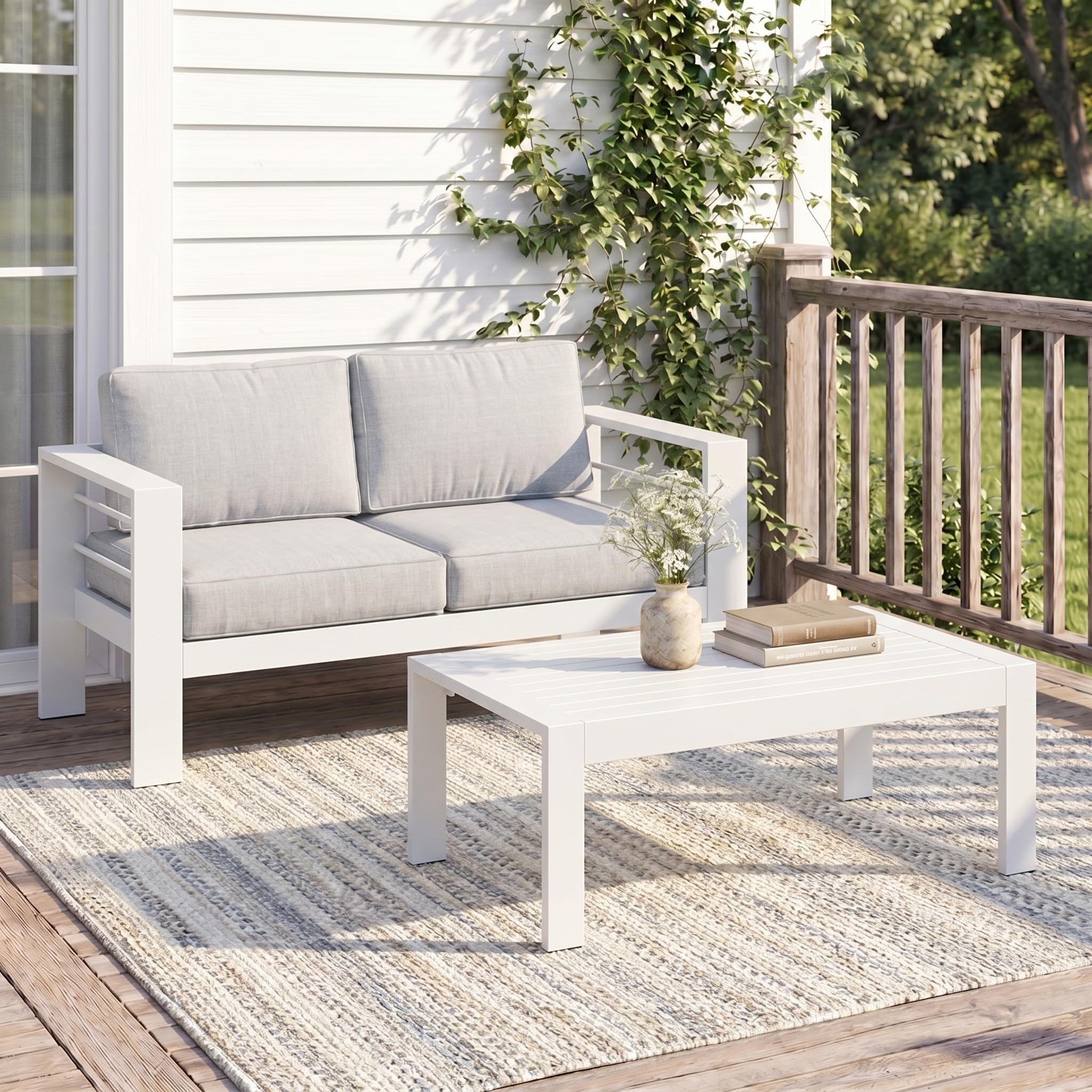 Solaste Outdoor Loveseat Aluminum Patio Furniture Sofa, All-Weather Metal Outdoor Couch with Cushions,Light Grey