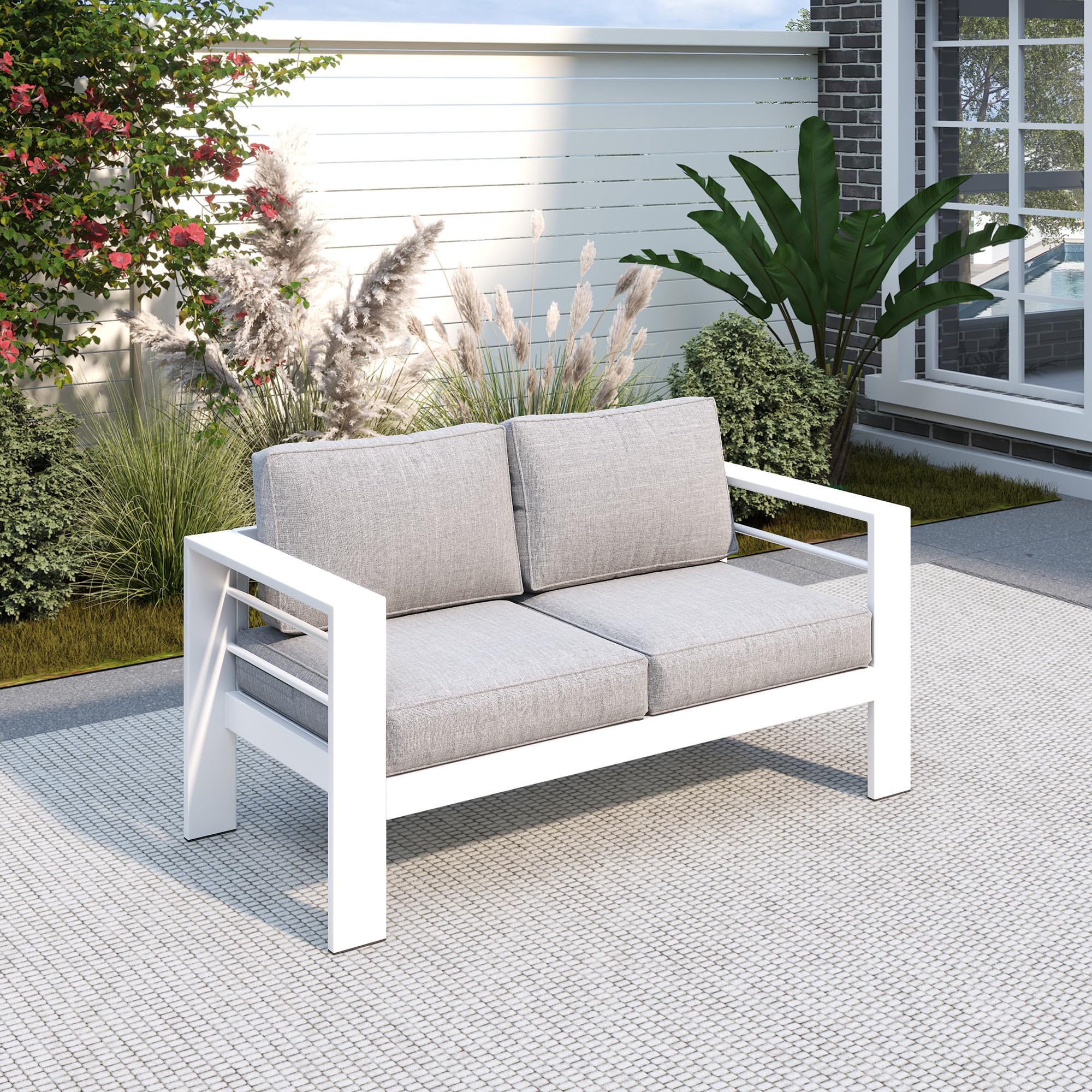 Solaste Outdoor Loveseat Aluminum Patio Furniture Sofa, All-Weather Metal Outdoor Couch with Cushions,Light Grey