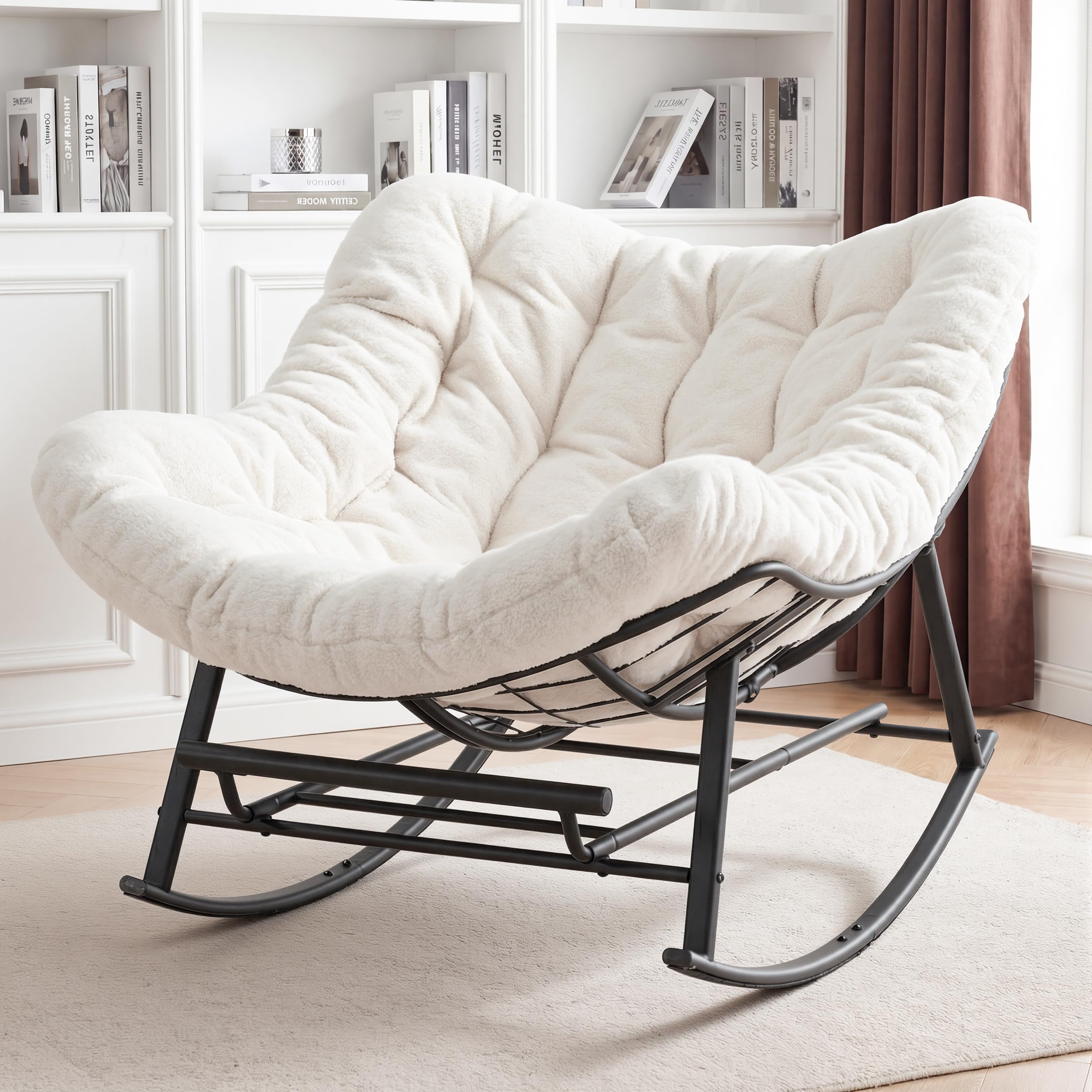 Oversized Rocking Chair Indoor, Papasan Rocking Chair Outdoor, Lounge Chair with Cushion, Patio Egg Rocker Chairs, Comfy Reading Chairs for Bedroom, Living Room, Garden, Lawn, Dark Grey
