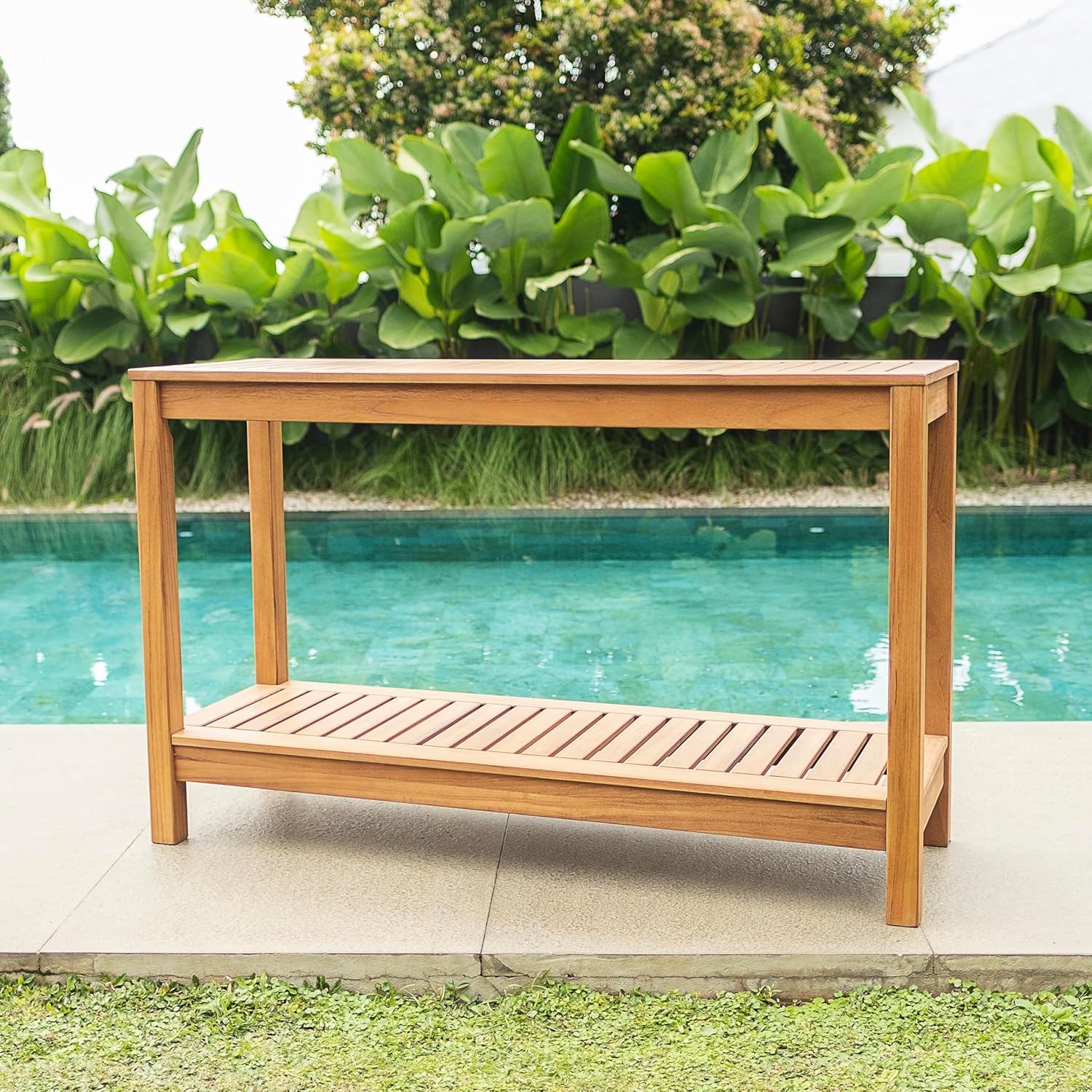 Cambridge Casual Logan Solid Teak Wood Outdoor Console Table – Narrow Garden Table with Bottom Shelf for Patio, Deck, or Poolside – Premium Weather-Resistant