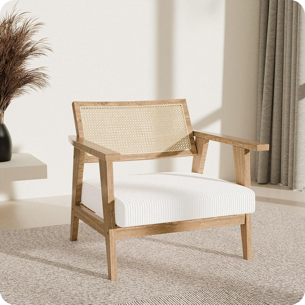 BELLEZE Mid Century Modern Rattan Chair Accent Natural Wood Armchair with Upholstered Seat and Cane Back, Boho Retro Lounge Chair for Living Room Bedroom Office
