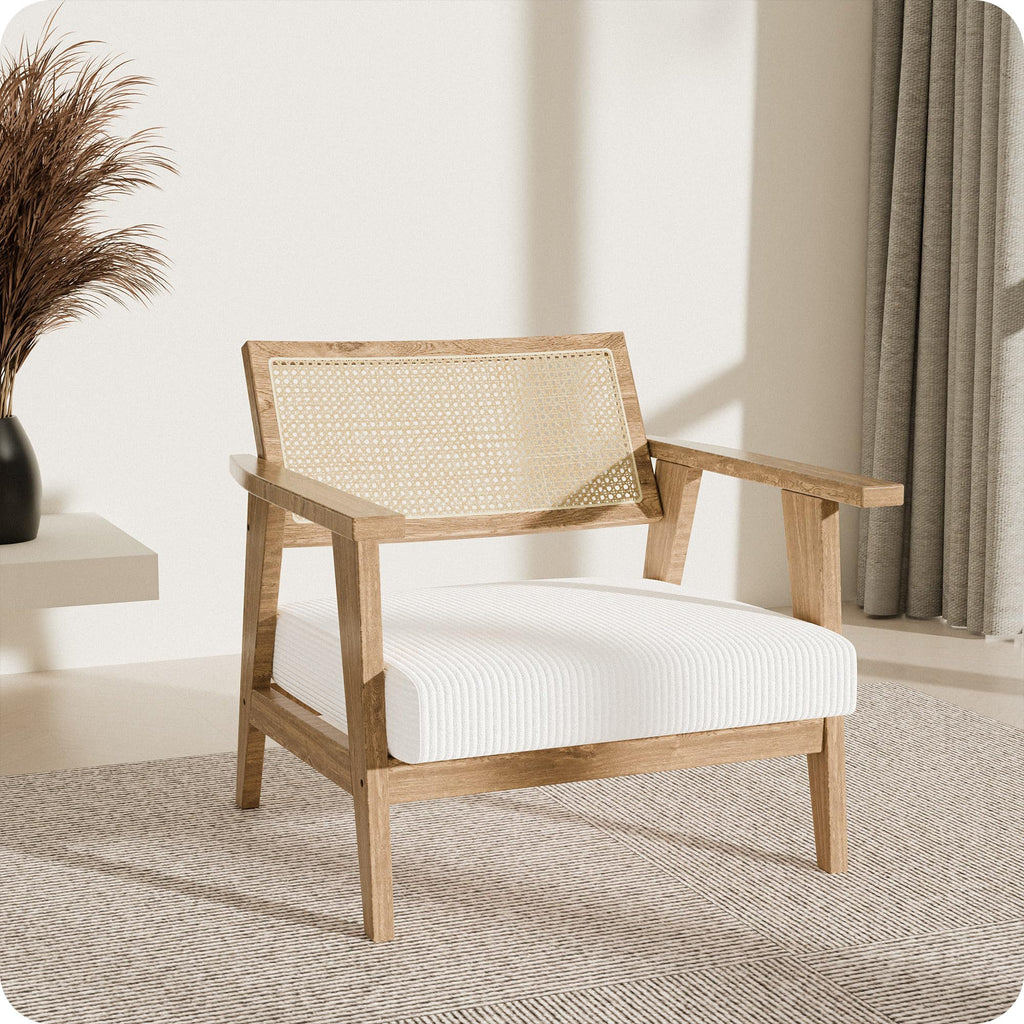 BELLEZE Mid Century Modern Rattan Chair Accent Natural Wood Armchair with Upholstered Seat and Cane Back, Boho Retro Lounge Chair for Living Room Bedroom Office