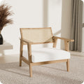 BELLEZE Mid Century Modern Rattan Chair Accent Natural Wood Armchair with Upholstered Seat and Cane Back, Boho Retro Lounge Chair for Living Room Bedroom Office