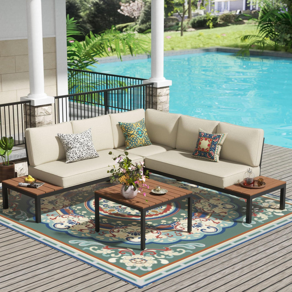 NATURAL EXPRESSIONS Patio Furniture Sets, Metal Outdoor Sectional L Shape Corner Sofa Outdoor Couch with Detachable Backrest,3 Fauxwood Tables,Black Frame,Shale Olefin Cushions for Yard,Garden