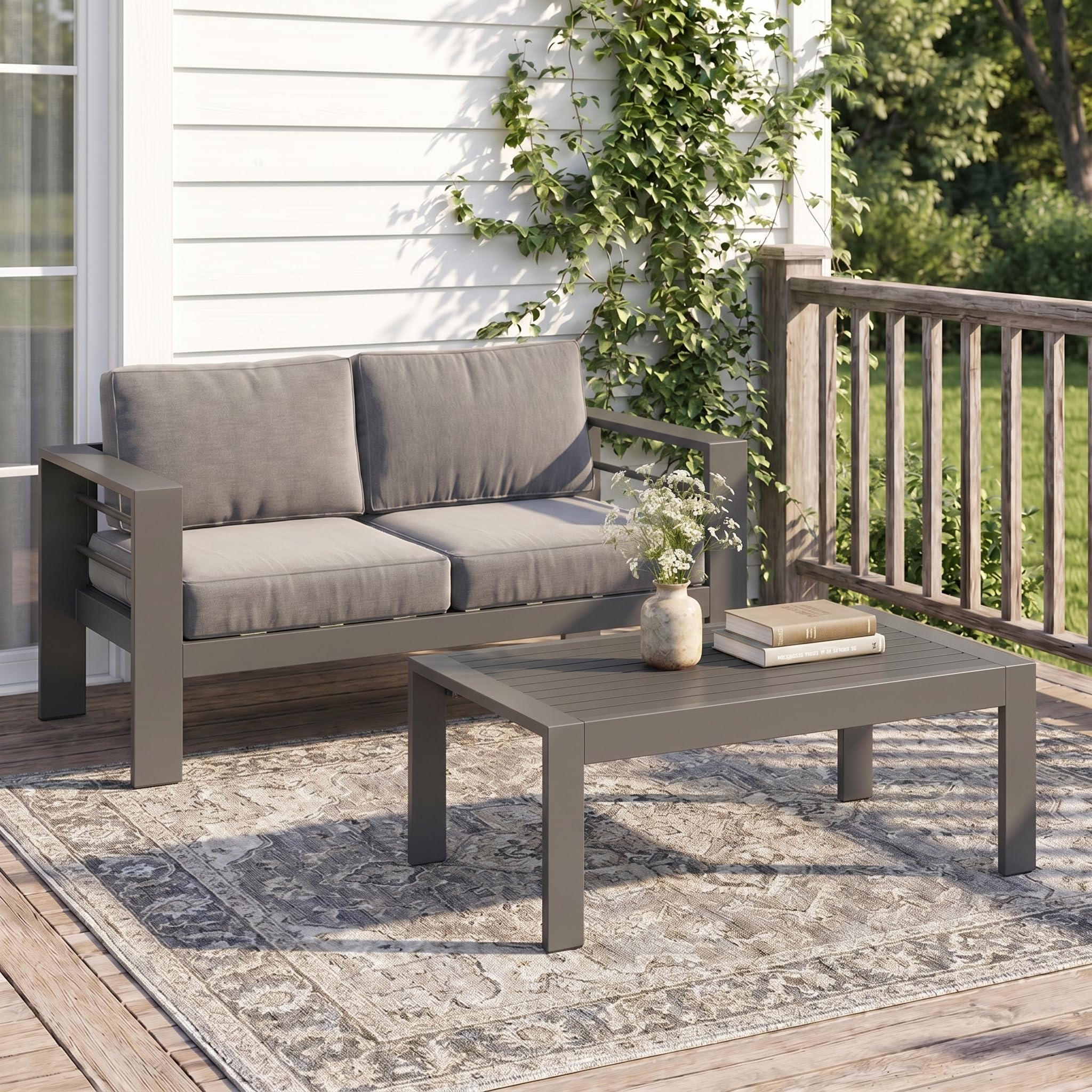 Solaste Outdoor Loveseat Aluminum Patio Furniture Sofa, All-Weather Metal Outdoor Couch with Cushions,Light Grey