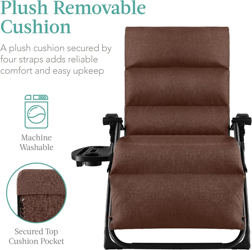 Best Choice Products Oversized Zero Gravity Chair, Folding Outdoor Patio Recliner, XL Anti Gravity Lounger w/Removable Cushion, Cup Holder, Side Tray, 350lb Capacity - Woodland Brown