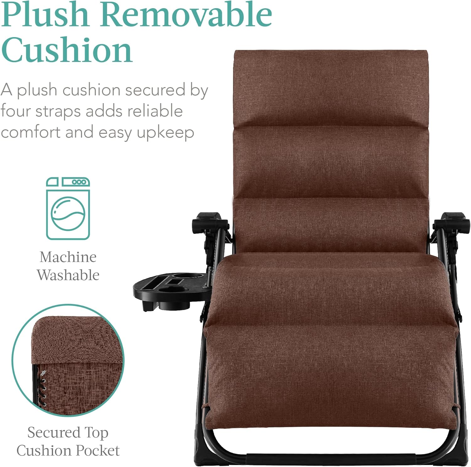 Best Choice Products Oversized Zero Gravity Chair, Folding Outdoor Patio Recliner, XL Anti Gravity Lounger w/Removable Cushion, Cup Holder, Side Tray, 350lb Capacity - Woodland Brown