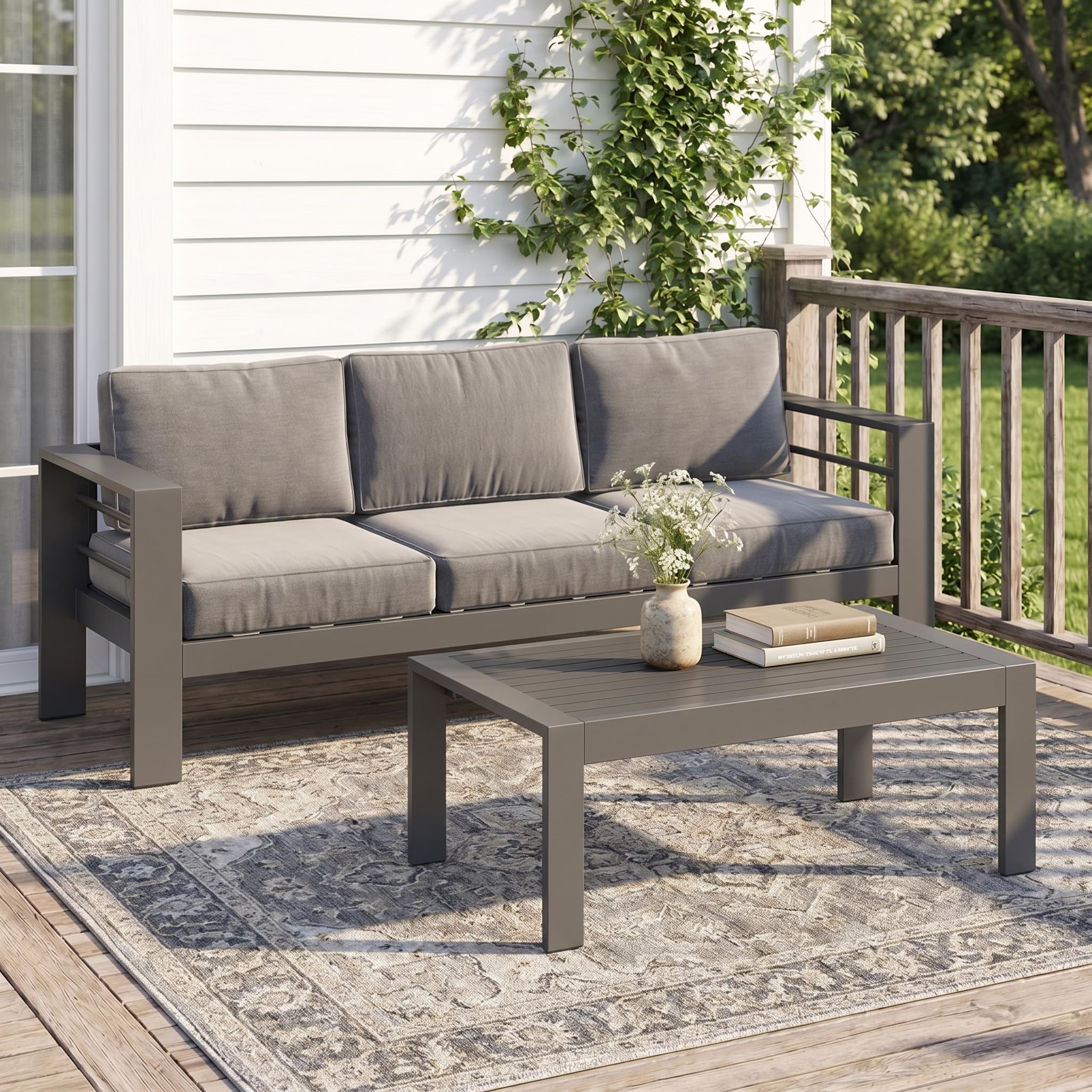 Solaste Outdoor Loveseat Aluminum Patio Furniture Sofa, All-Weather Metal Outdoor Couch with Cushions,Light Grey