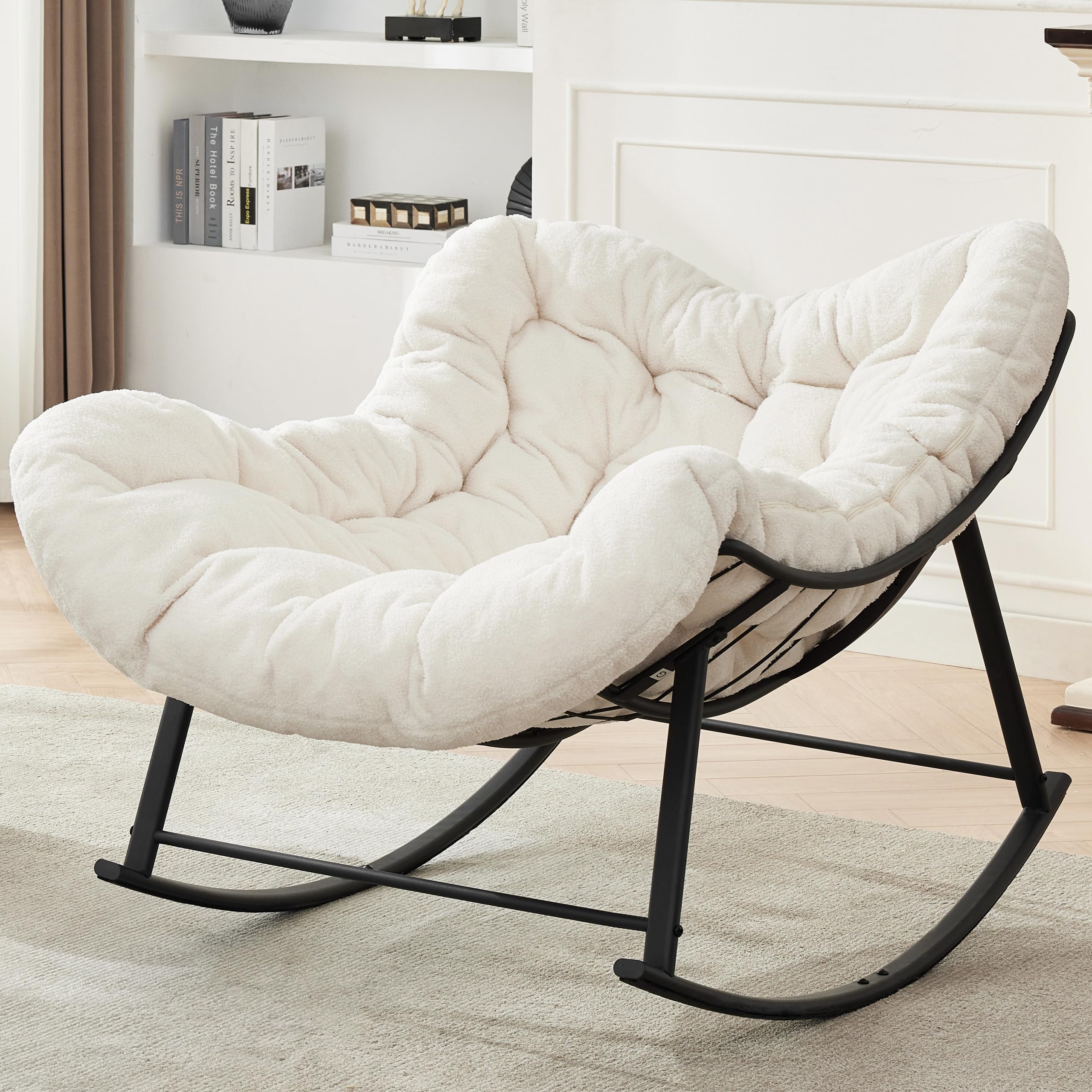 Oversized Rocking Chair Indoor, Papasan Rocking Chair Outdoor, Lounge Chair with Cushion, Patio Egg Rocker Chairs, Comfy Reading Chairs for Bedroom, Living Room, Garden, Lawn, Dark Grey