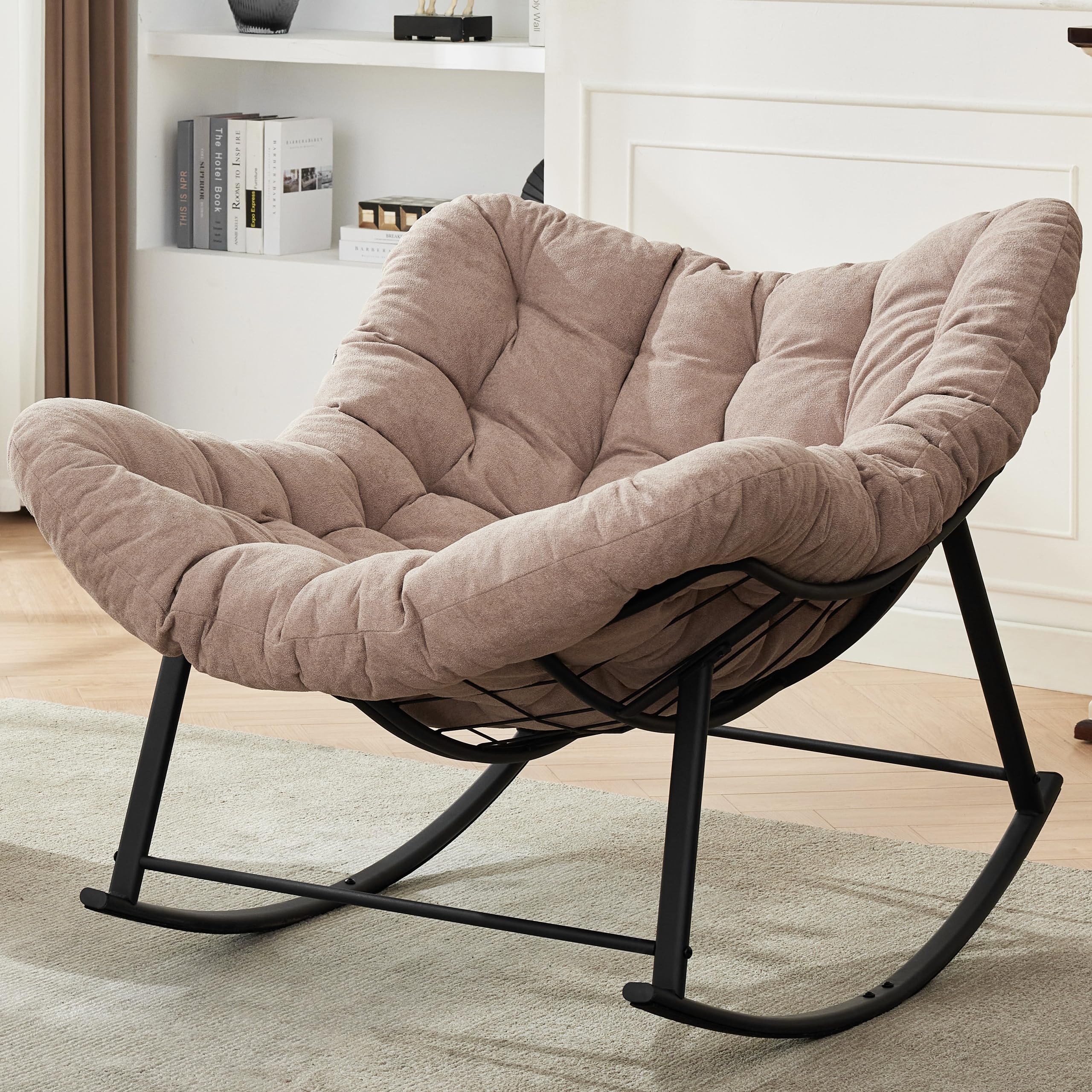 Oversized Rocking Chair Indoor, Papasan Rocking Chair Outdoor, Lounge Chair with Cushion, Patio Egg Rocker Chairs, Comfy Reading Chairs for Bedroom, Living Room, Garden, Lawn, Dark Grey