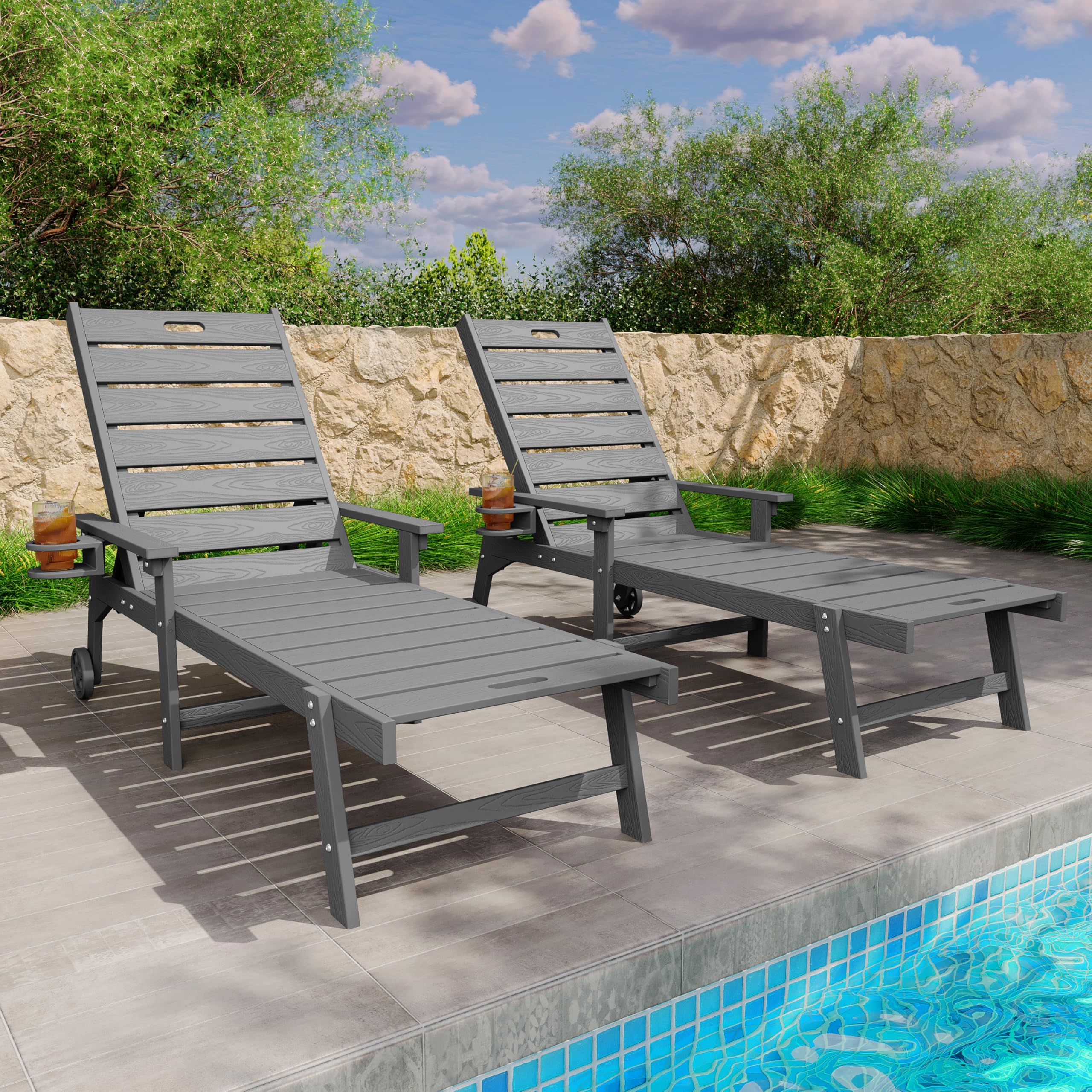 YEFU Lounge Chair Outdoor Set of 2: Outdoor Chaise Lounge with 5-Level Adjustable Backrest, Cup Holders & Wheels, All-Weather Resistance Chaise Lounge for Outside/Patio/Beach/Deck, Black