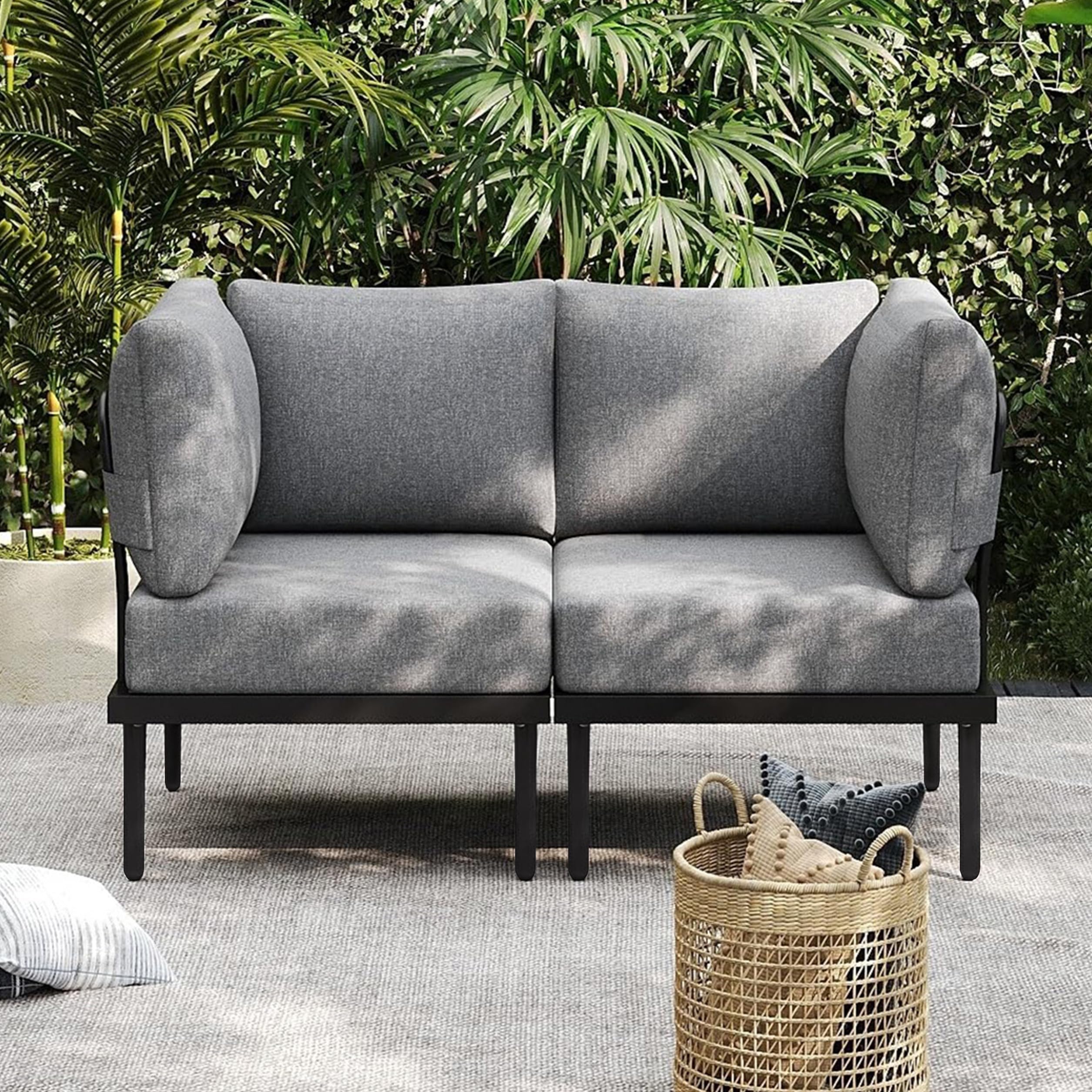 Sundale Outdoor 2 Pieces Metal Patio Furniture Set, Outdoor Sectional Sofa w/6 Inch Olefin Cushion, Modern Outdoor Conversation Sets for Porch, Balcony