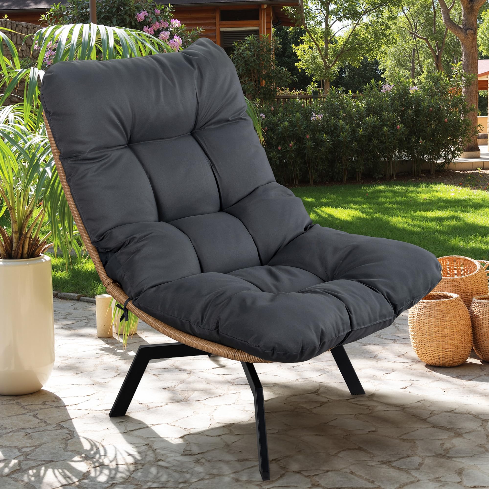 Vongrasig Swivel Wicker Chair PE Rattan Chair with Cushion, Oversized Patio Lounge Chair for Outdoor, Indoor, Balcony, Backyard, Garden, Living Room, Beige