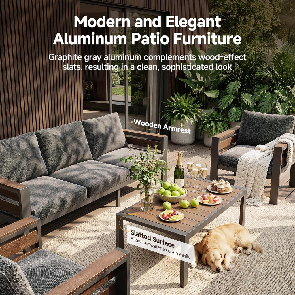 Outdoor Aluminum Patio Furniture Set, 3 Seat Rust-resistant Patio Conversation Sofa with Thick Washable Cushions and 15.2"H Supported Back, Oversized Metal Sectional Sofa Set for Backyard Porch Deck