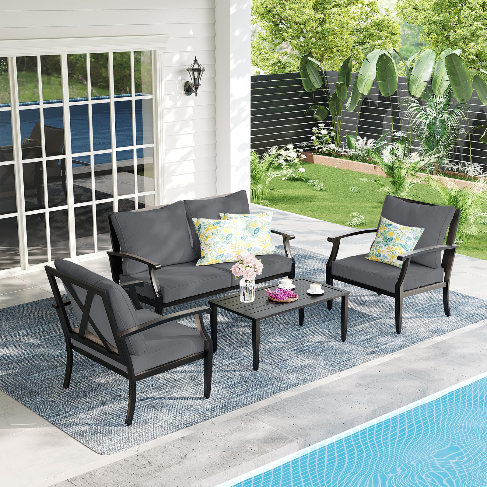 4-Piece Patio Furniture Set, Wider Outdoor Metal Seating Sofa with High Back & Loveseat, Coffee Table, All Weather Metal Conversation Set for Backyard, Poolside, Deck-Beige