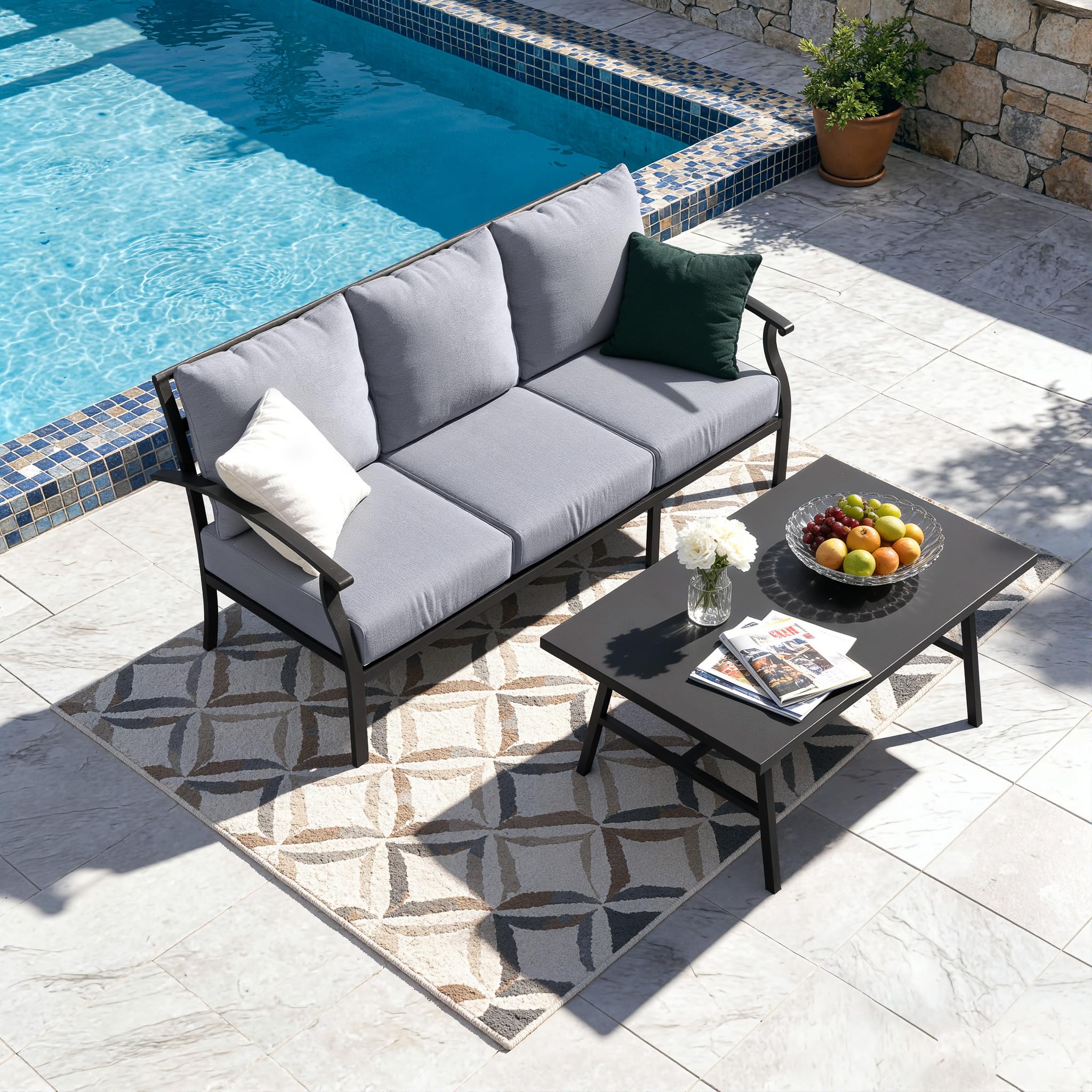 Kullavik Patio Furniture Set,4 Piece Metal Outdoor Patio Furniture Set,All Weather Modern Patio Conversation Sets w/3 Seater Sofa,2 Single Sofas and Coffee Table for Balcony Deck,Sand