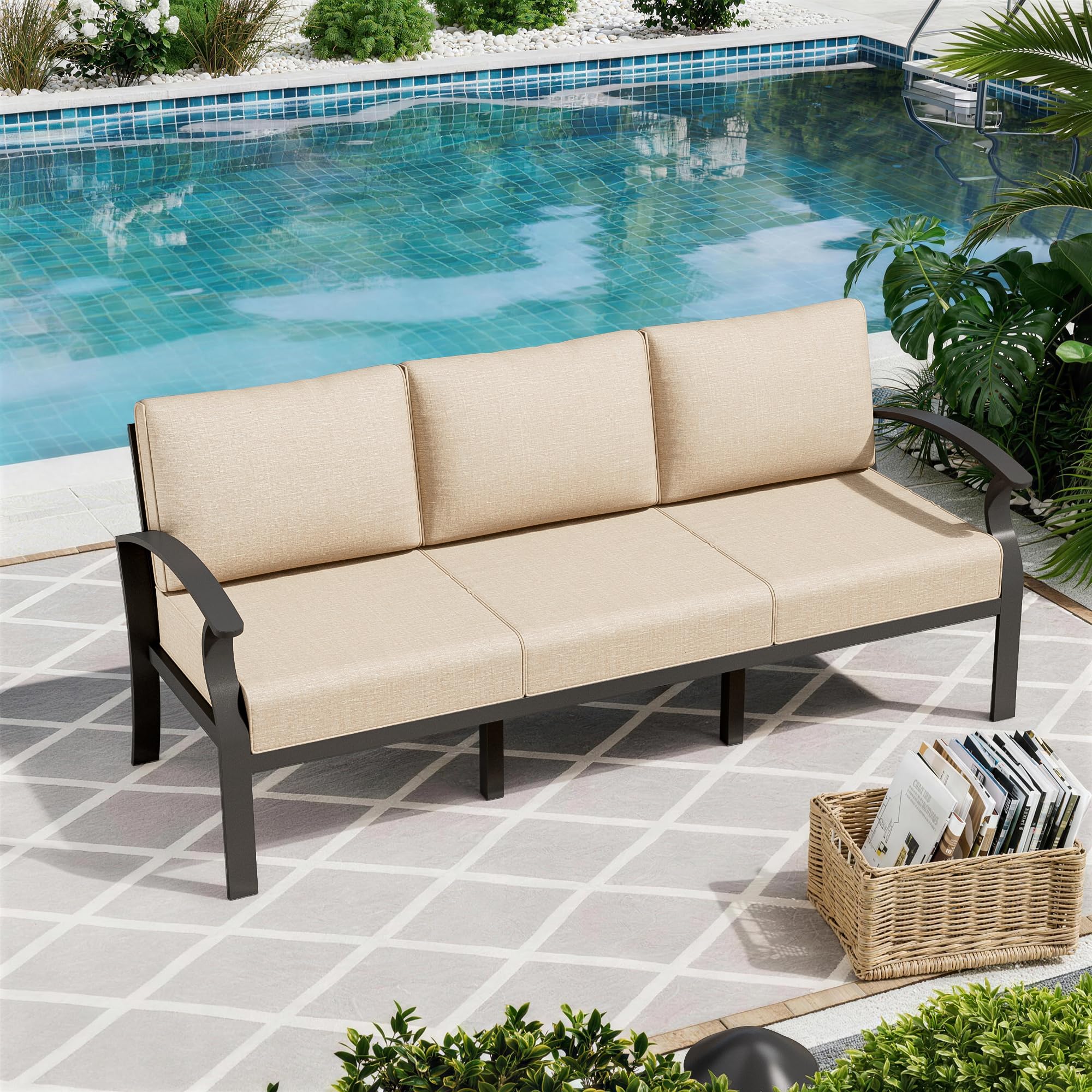 ALAULM Aluminum 3-Seat Patio Furniture Set, Metal Outdoor Furniture Sectional Sofas w/5.1" Cushions for Patio, Backyard, Poolside-DarkBlue
