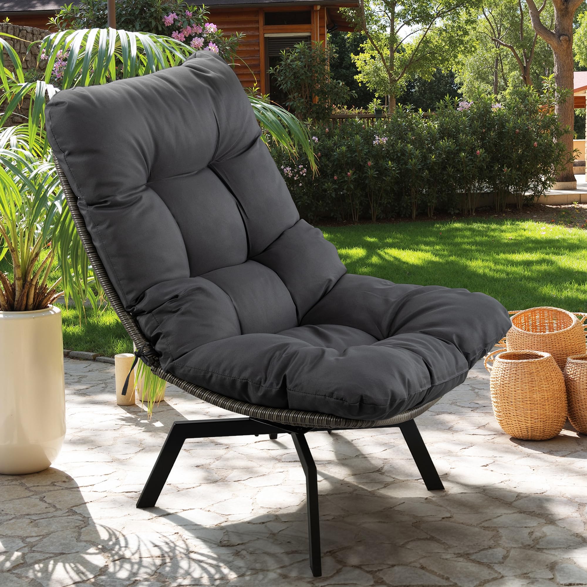 Vongrasig Swivel Wicker Chair PE Rattan Chair with Cushion, Oversized Patio Lounge Chair for Outdoor, Indoor, Balcony, Backyard, Garden, Living Room, Beige