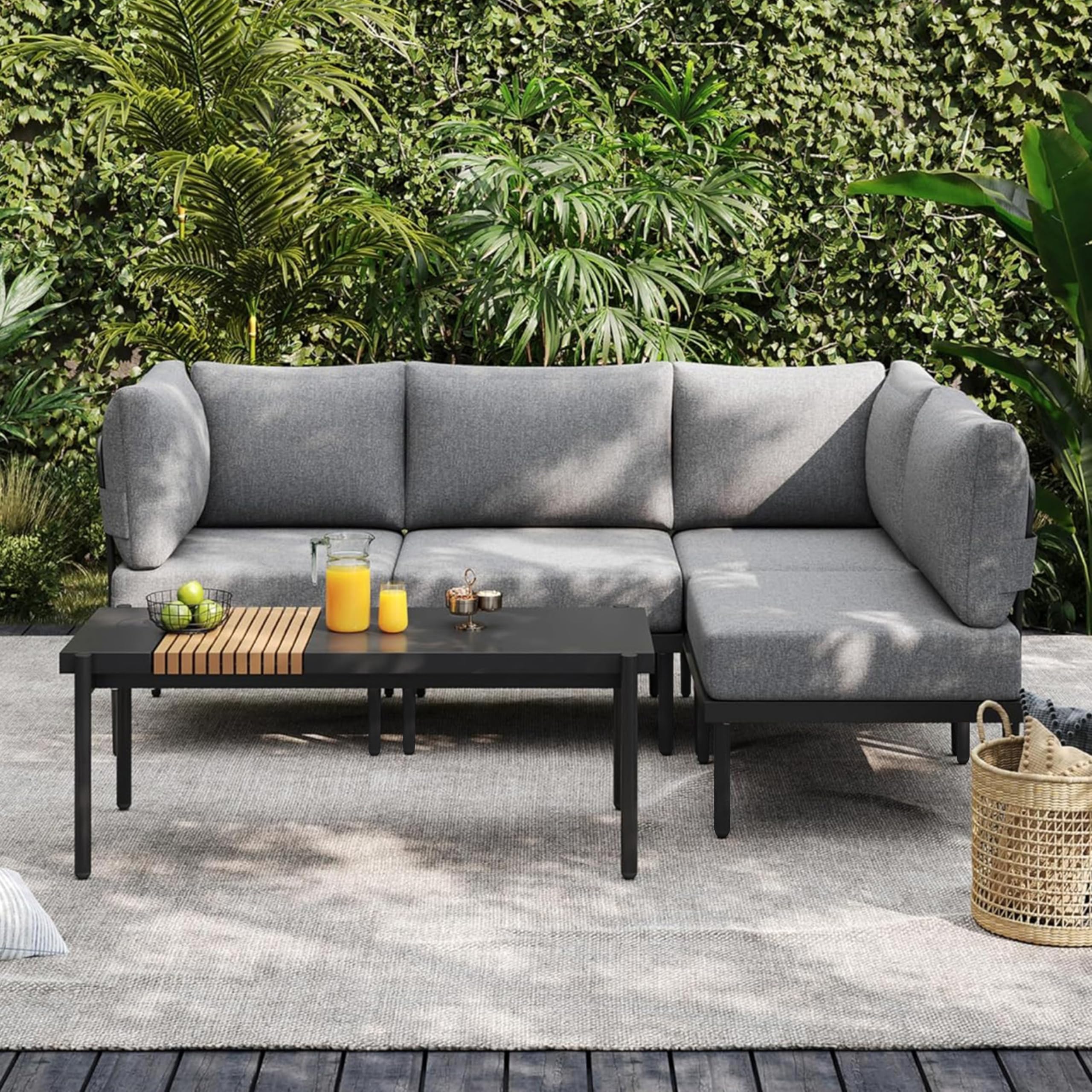 Sundale Outdoor 2 Pieces Metal Patio Furniture Set, Outdoor Sectional Sofa w/6 Inch Olefin Cushion, Modern Outdoor Conversation Sets for Porch, Balcony