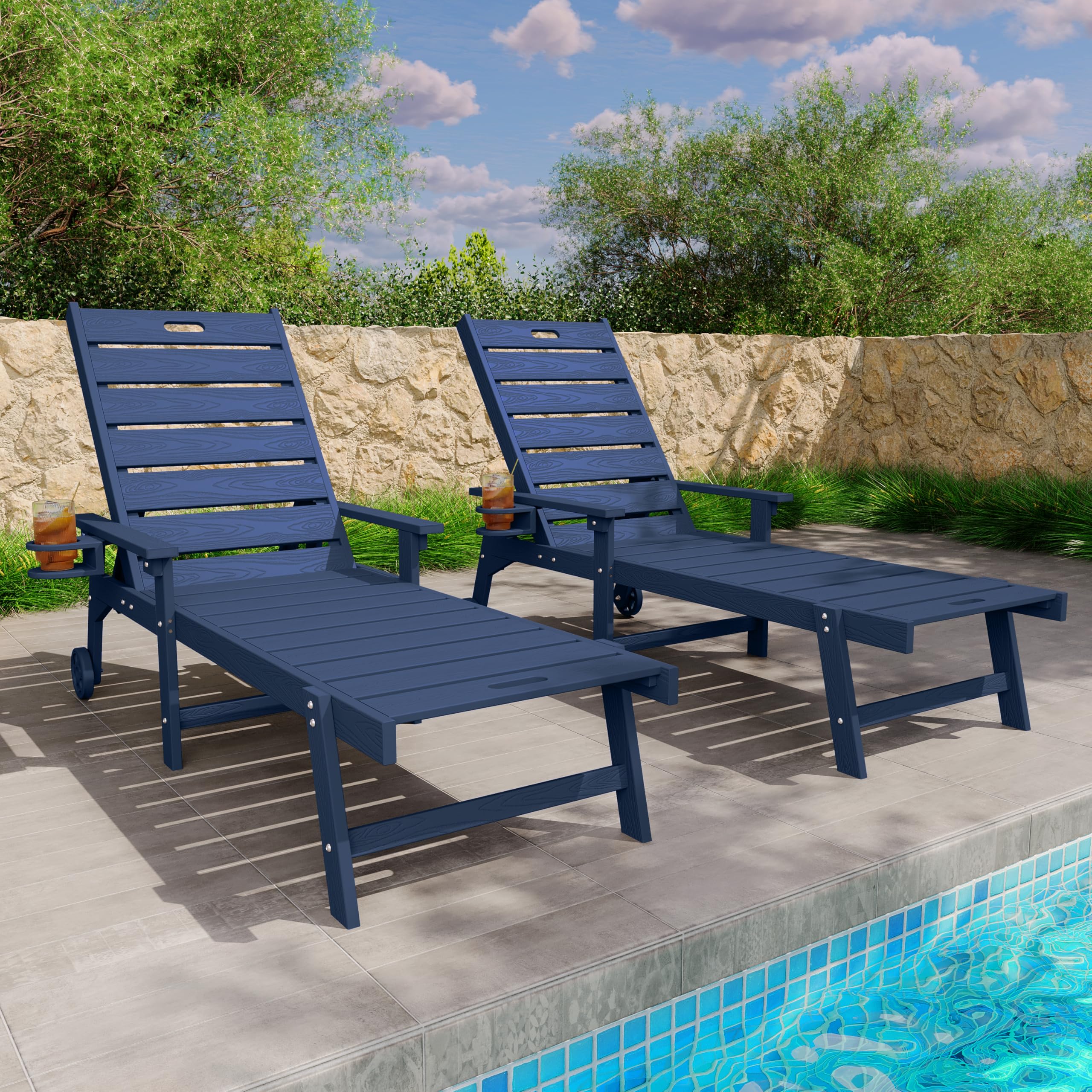 YEFU Lounge Chair Outdoor Set of 2: Outdoor Chaise Lounge with 5-Level Adjustable Backrest, Cup Holders & Wheels, All-Weather Resistance Chaise Lounge for Outside/Patio/Beach/Deck, Black