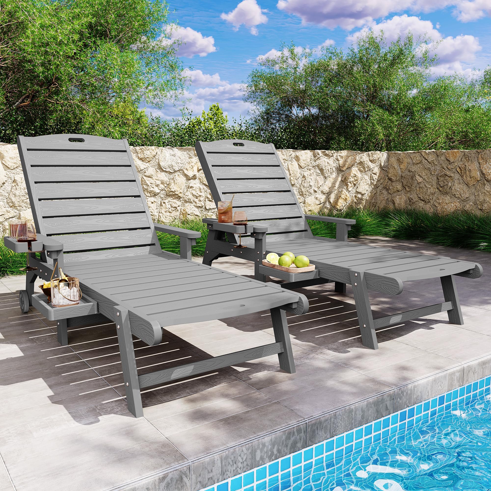 YEFU Lounge Chair Outdoor Set of 2: Outdoor Chaise Lounge with 5-Level Adjustable Backrest, Cup Holders & Wheels, All-Weather Resistance Chaise Lounge for Outside/Patio/Beach/Deck, Black
