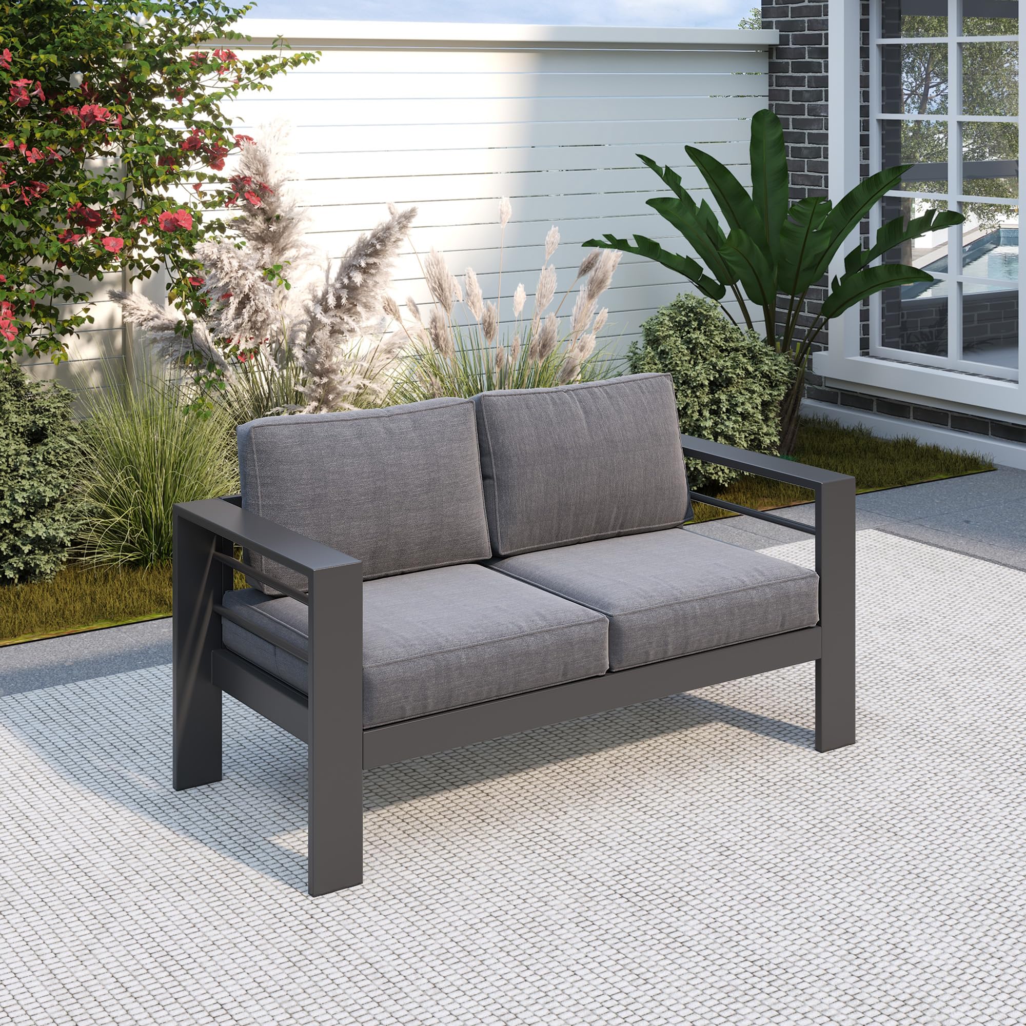 Solaste Outdoor Loveseat Aluminum Patio Furniture Sofa, All-Weather Metal Outdoor Couch with Cushions,Light Grey